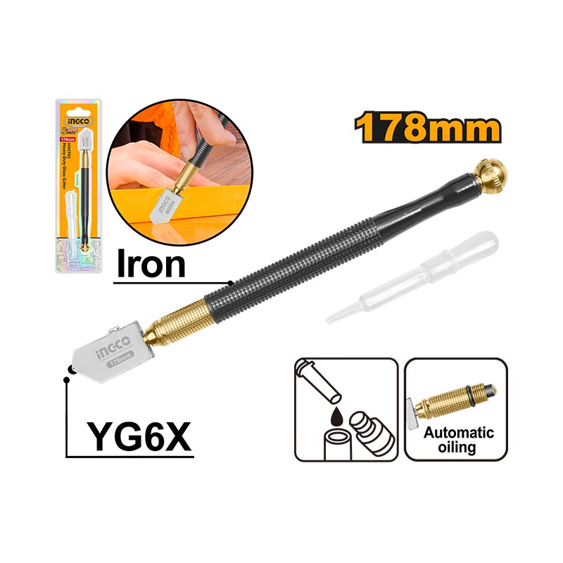 INGCO YG6X 178MM Heavy Duty Glass Cutter - Iron, Automatic oiling - HGCT03