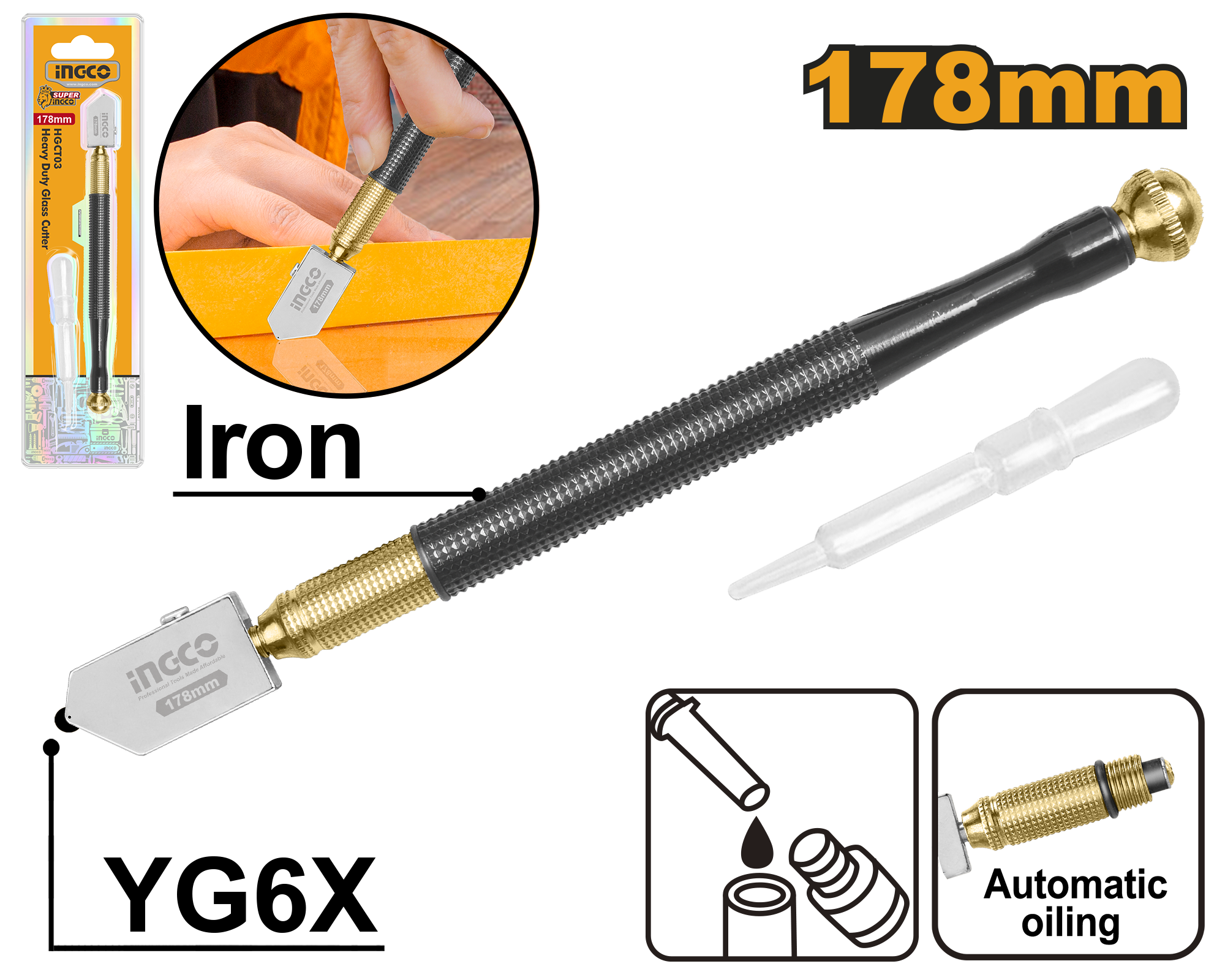 INGCO YG6X 178MM Heavy Duty Glass Cutter - Iron, Automatic oiling - HGCT03
