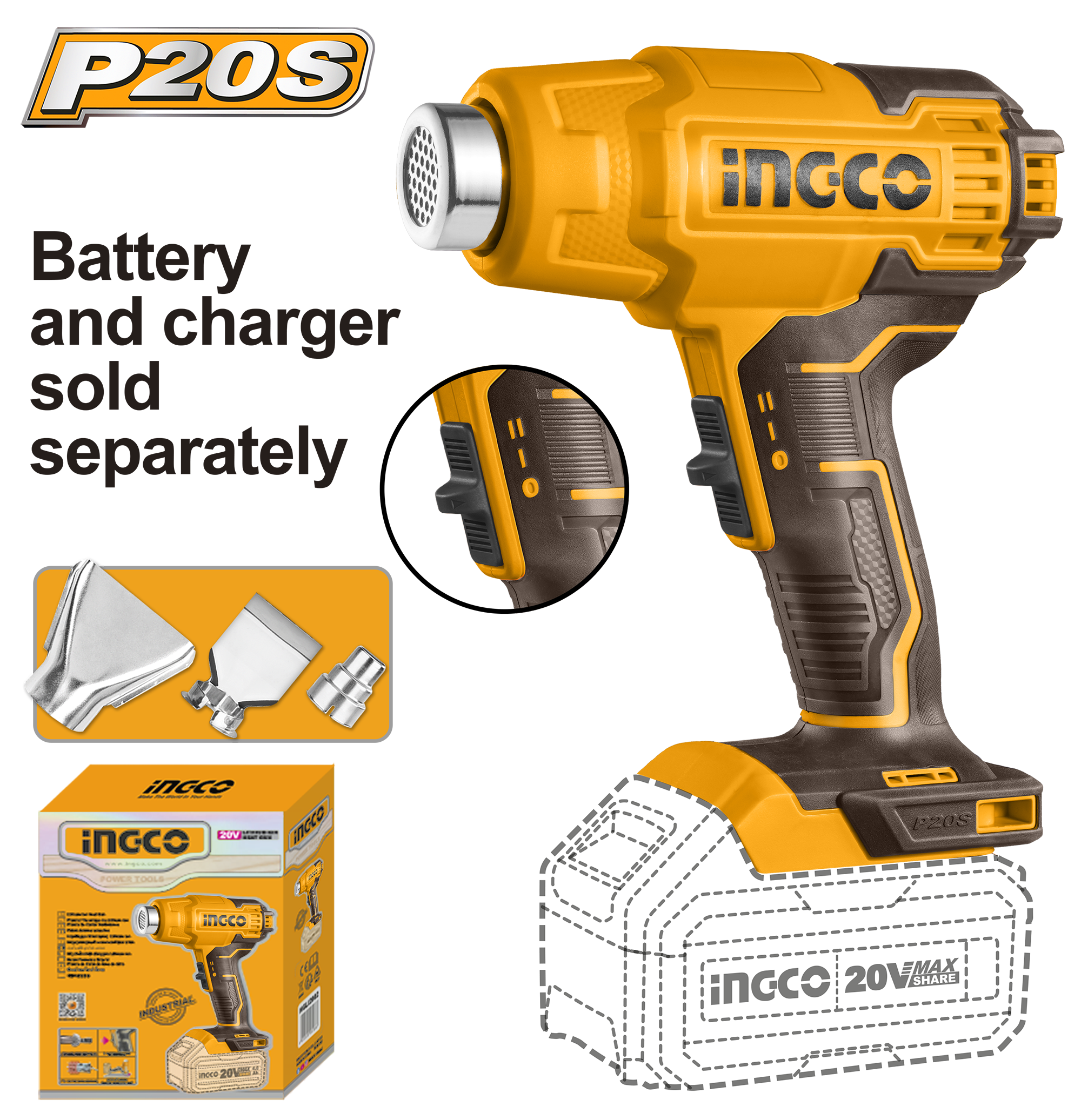 INGCO Lithium-Ion Heat Gun 20V - C10 - HGLI2002 Main image
