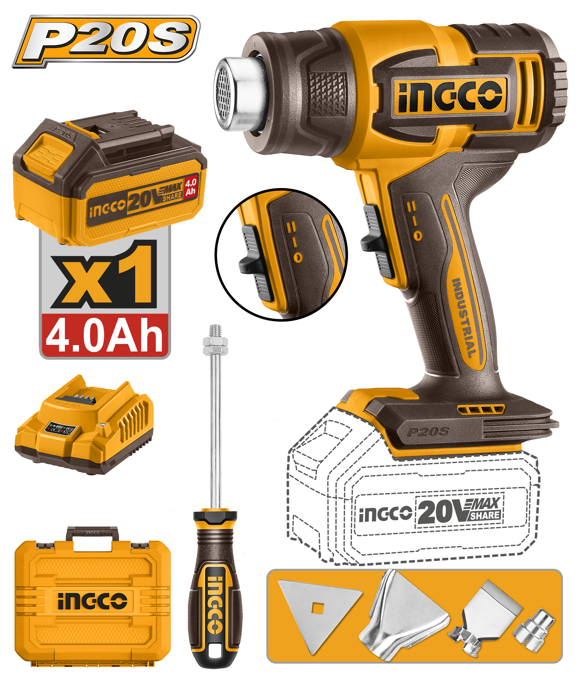 INGCO Cordless Heat Gun - HGLI20065 Main image