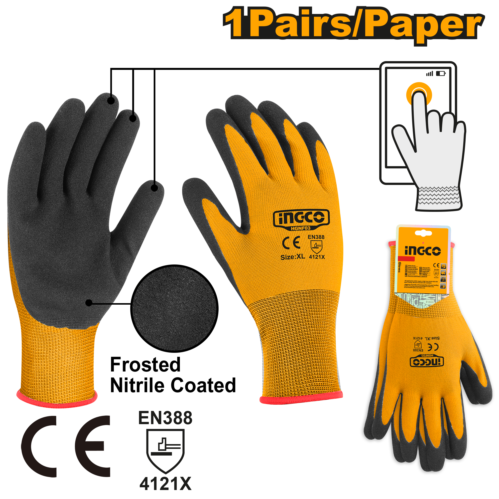 INGCO 1 Pair/Paper Nitrile Frosted Coated Gloves - HGNF03 Main image