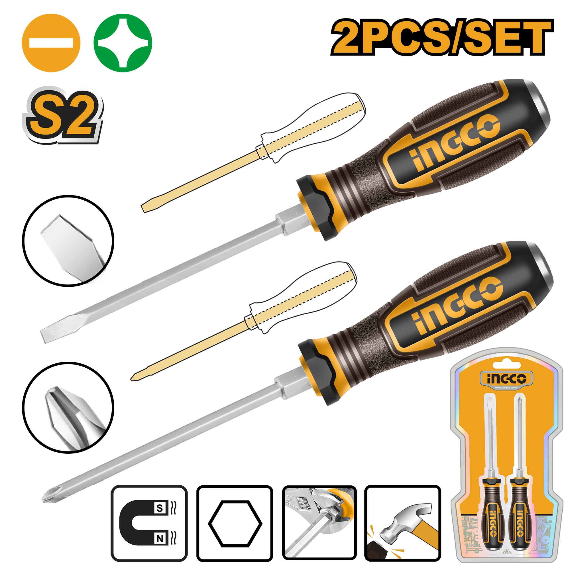 INGCO 2 PCs Go-Through Screwdriver Set - HGTST0208