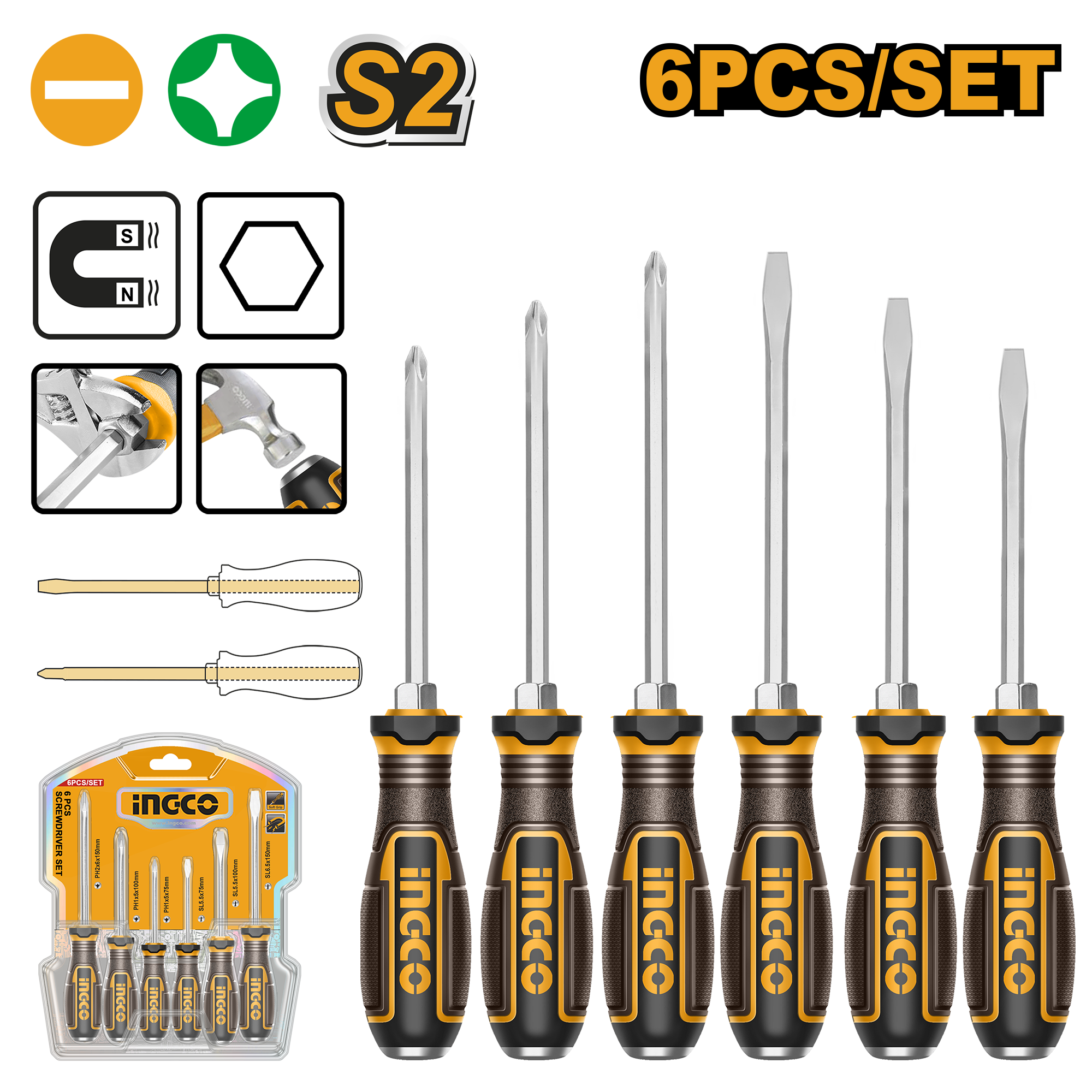 INGCO 6 Pcs Go-through Screwdriver Set - HGTST0608