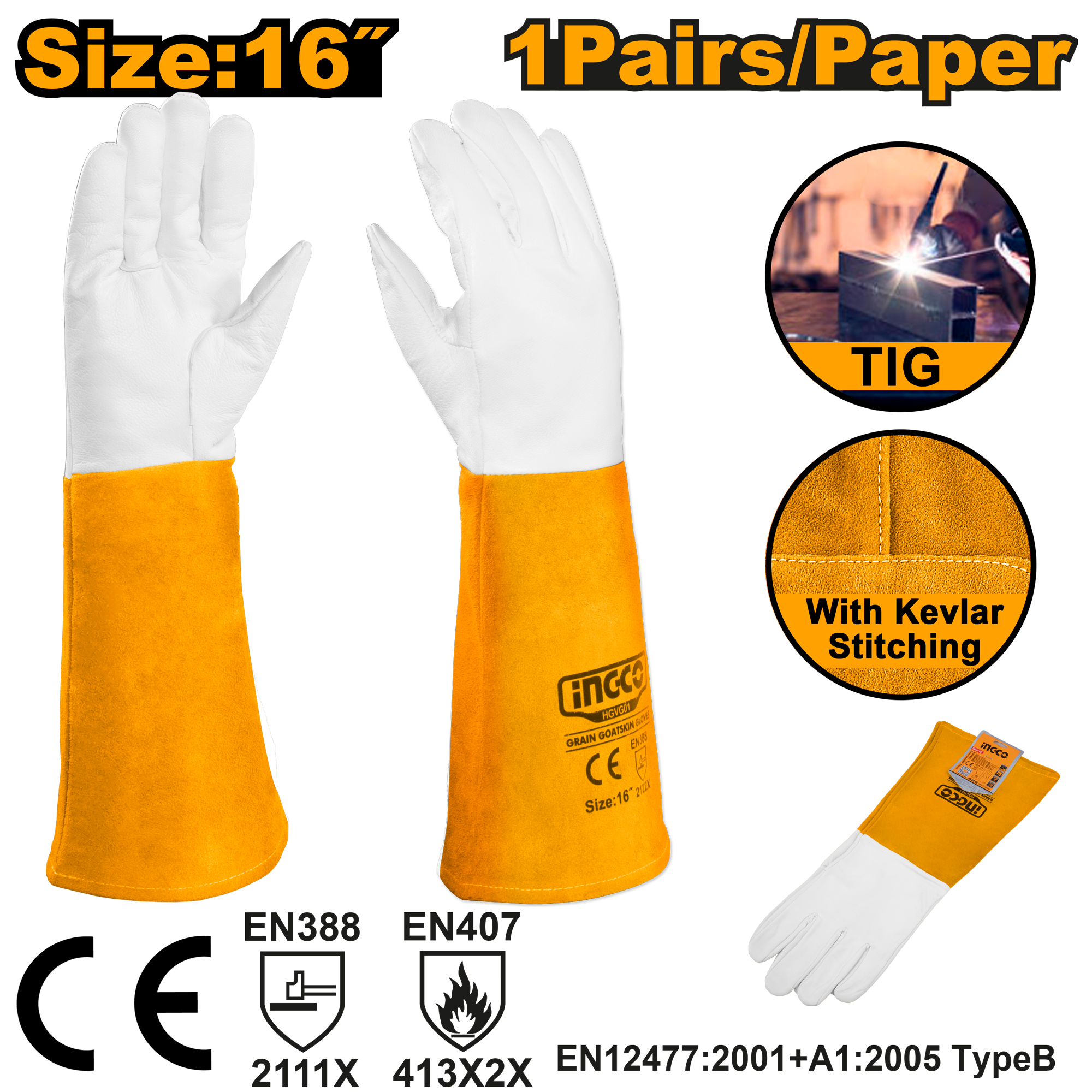 INGCO 16' 1 Pair/Paper Grain Goatskin Gloves - HGVG01 Main image