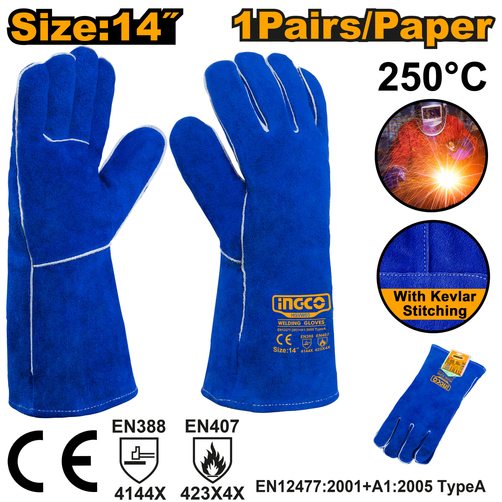 INGCO 250° 14" 1 Pair/Paper Welding Gloves - HGVW03