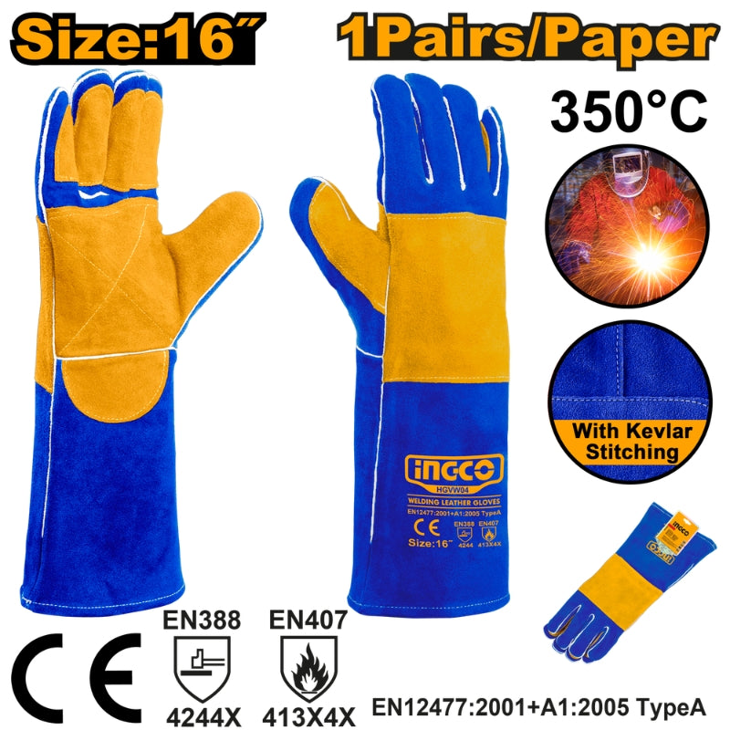 INGCO 350° 16" 1 Pair/Paper Welding Leather Gloves - HGVW04