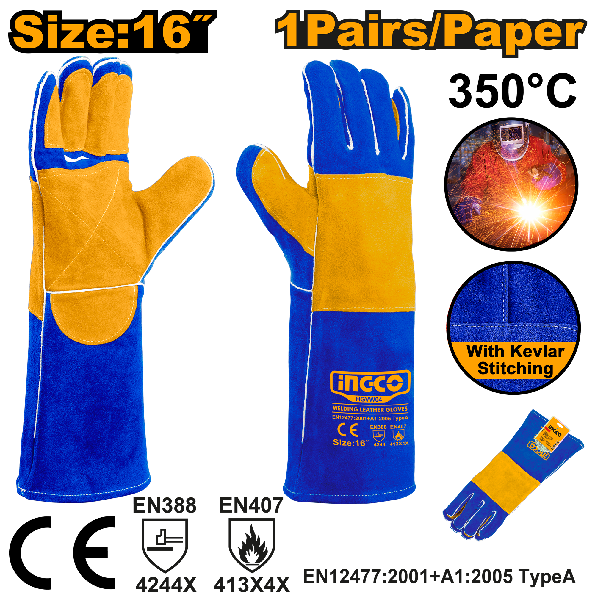 INGCO 350° 16" 1 Pair/Paper Welding Leather Gloves - HGVW04