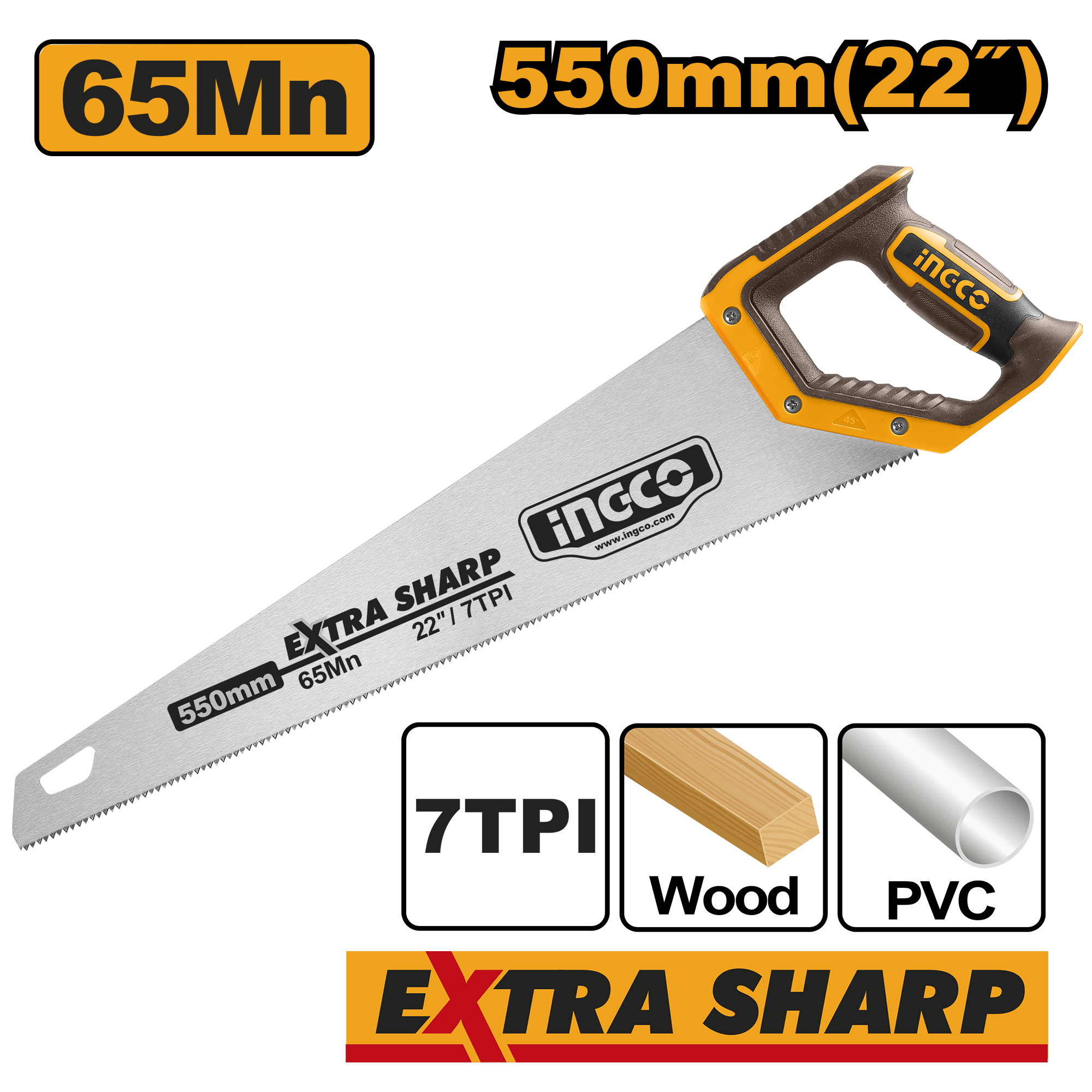 INGCO 65Mn 550MM (22") Hand Saw Extra Sharp - HHAS08550 Main image