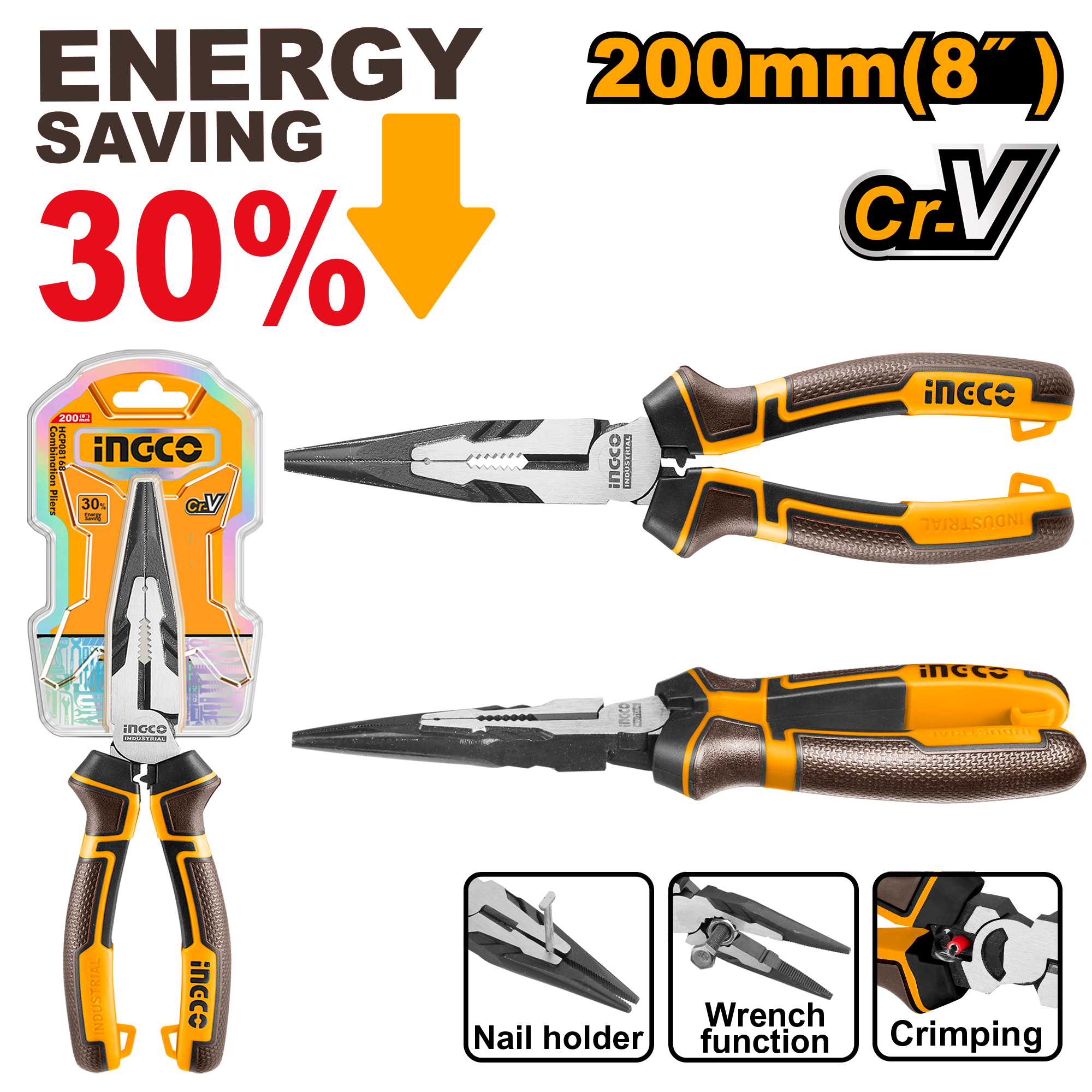 INGCO 200MM (8") High Leverage Long Nose Pliers - HHLNP28200 Main image