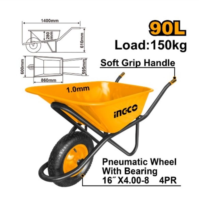 INGCO 90L 150kg Heavy-Duty Wheelbarrow with Bearing & Soft-Grip Handles - HHWB64018G