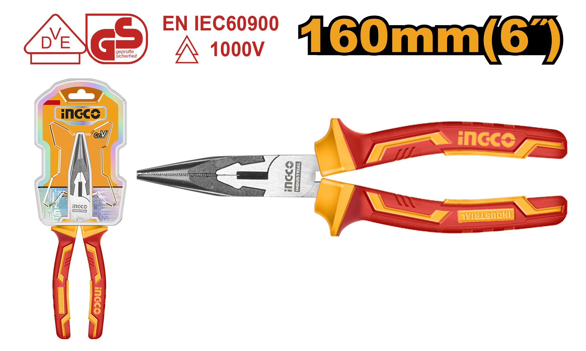 INGCO 160MM (6") Insulated Long Nose Pliers - HILNP28168