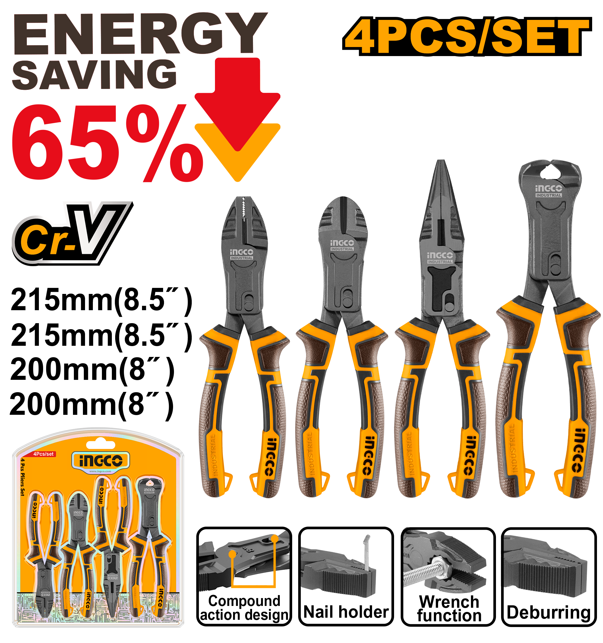 INGCO 4 Pcs Compound Action Pliers Set - HKCPS5841 Main image