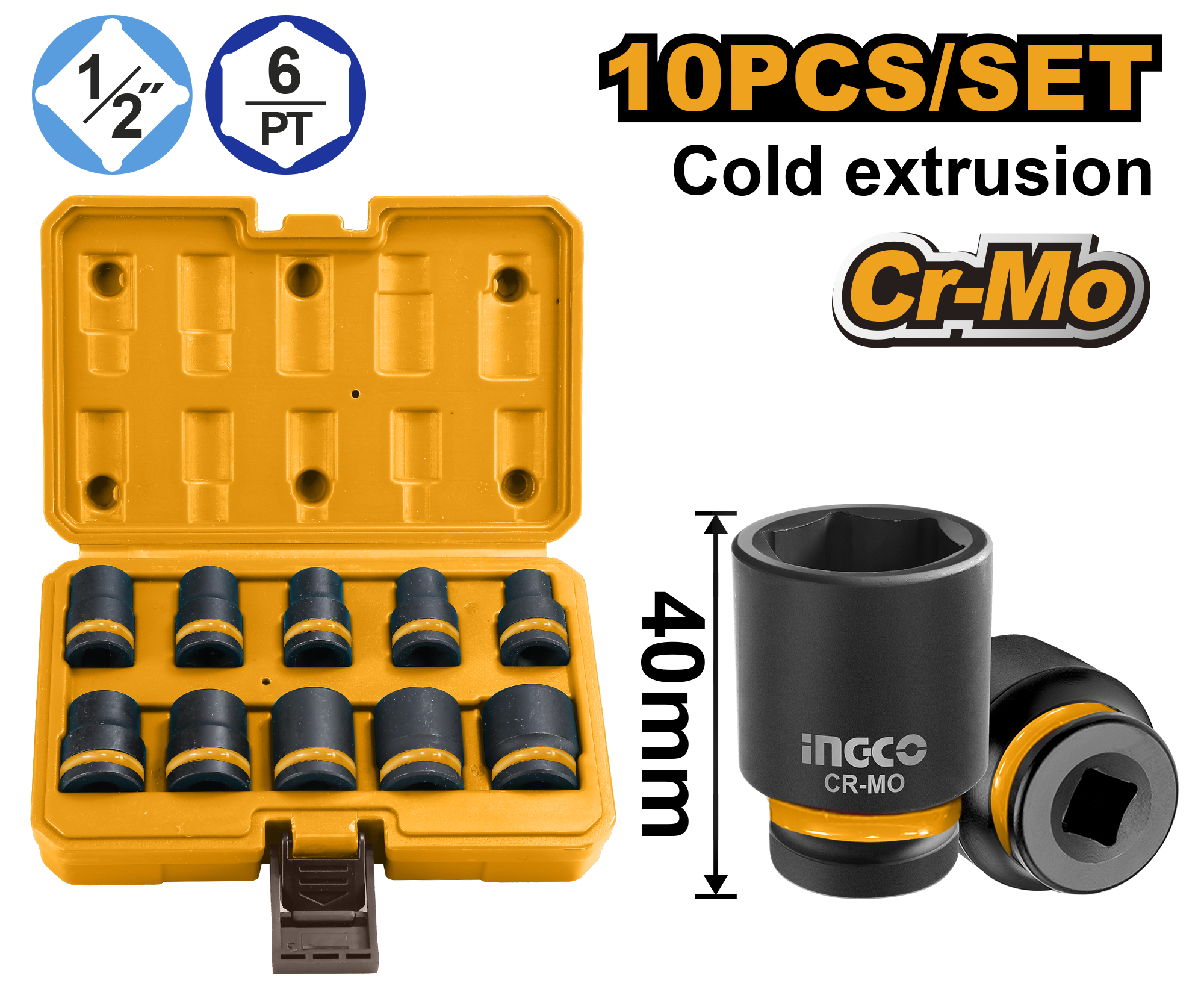 INGCO 10 Pcs 1/2"DR. Impact Socket Set - HKISSD12101