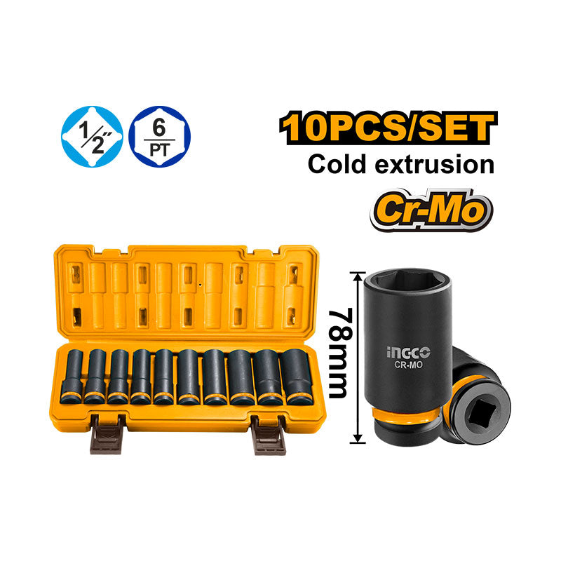 INGCO 10 Pcs 1/2" Deep Impact Socket Set - HKISSD12102L