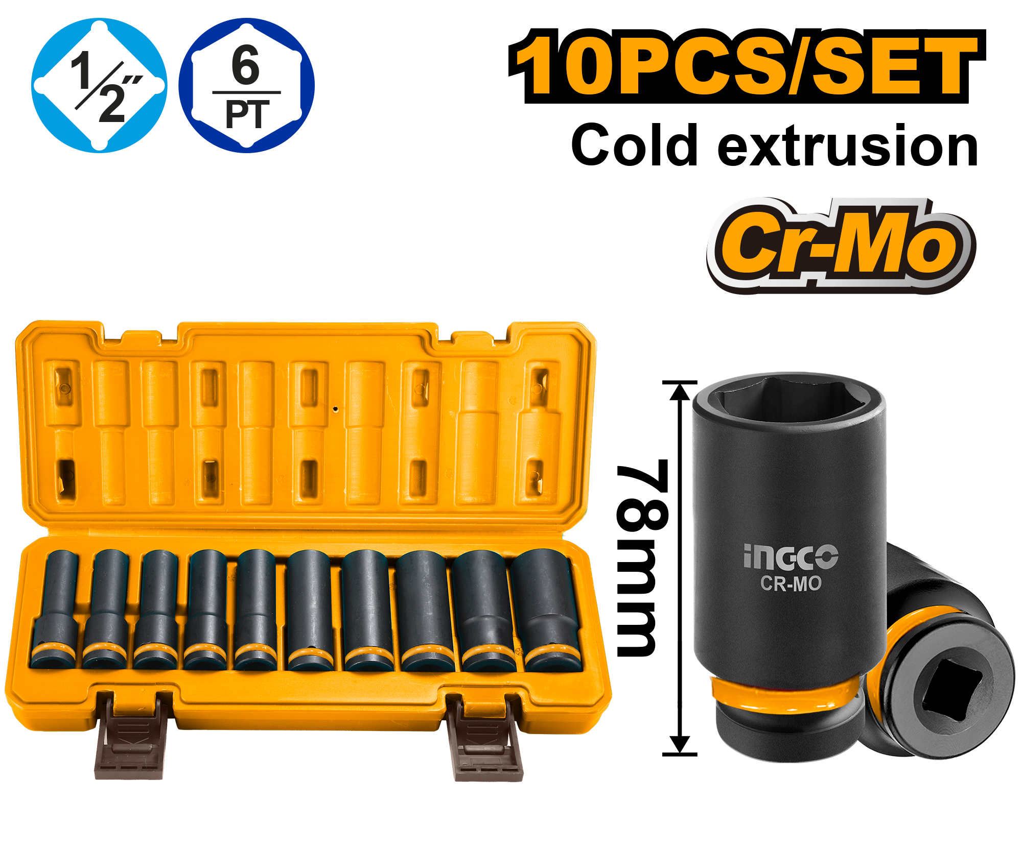 INGCO 10 Pcs 1/2" Deep Impact Socket Set - HKISSD12102L