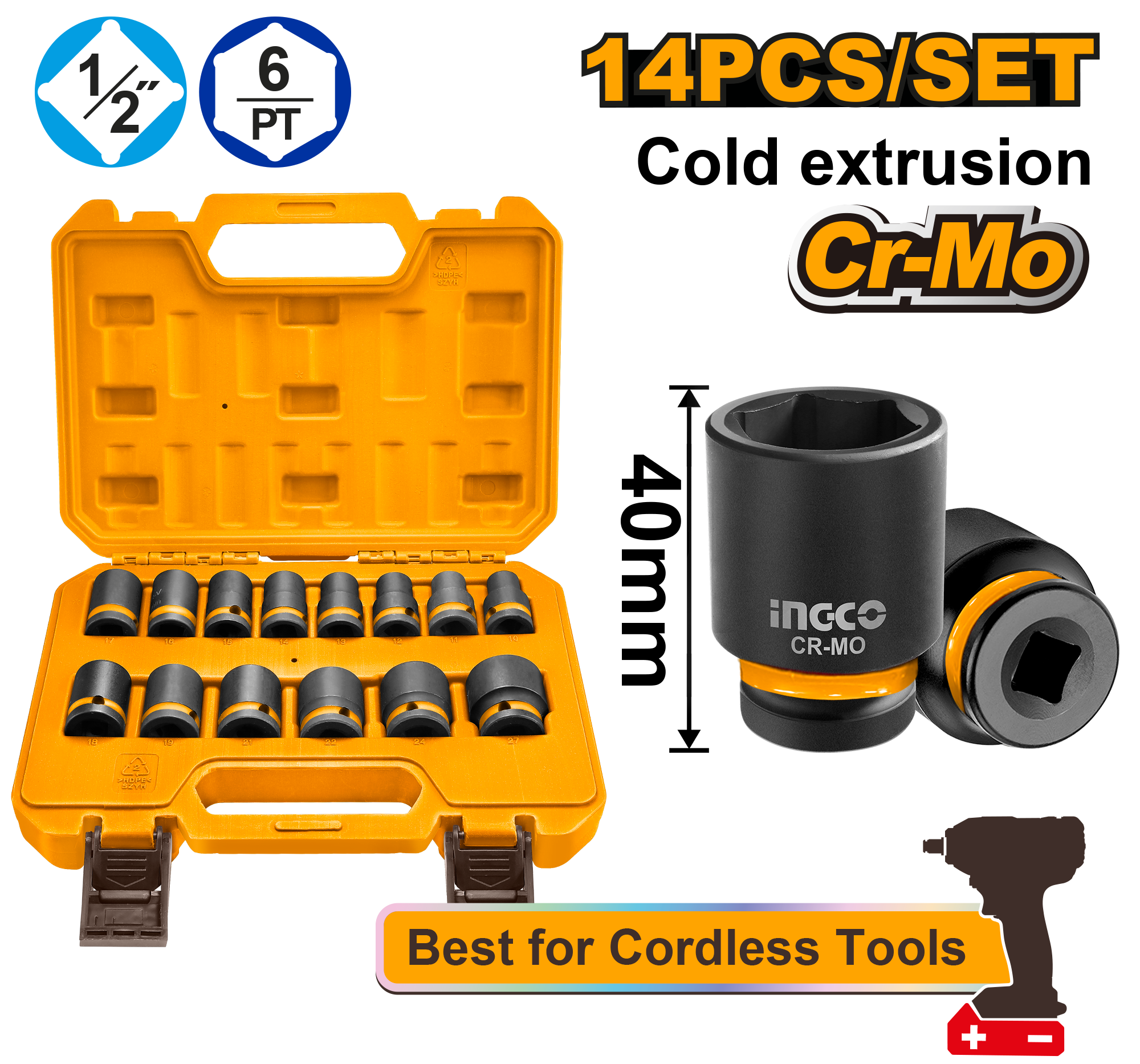 INGCO 14 Pcs 1/2"DR. Impact Socket Set - HKISSD12141