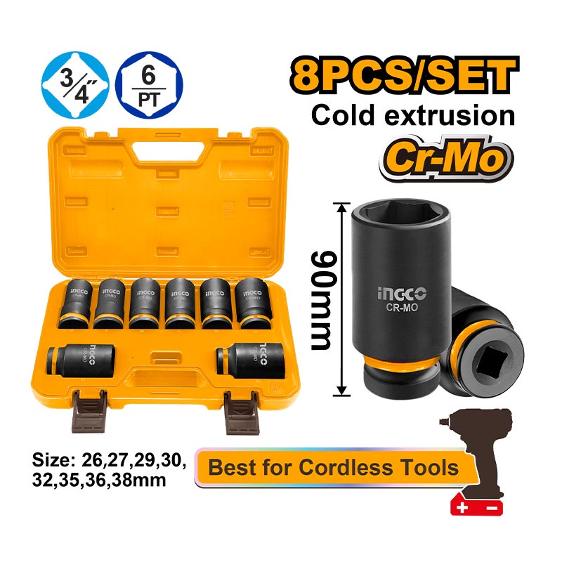 INGCO 8 Pcs 3/4"DR. Deep Impact Socket Set - HKISSD34082L