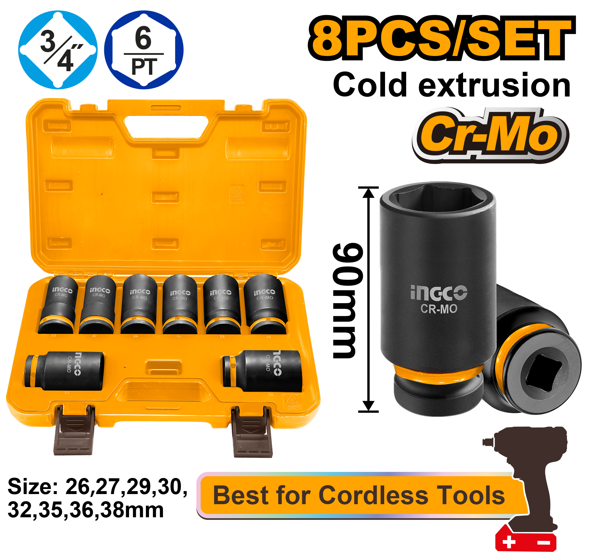 INGCO 8 Pcs 3/4"DR. Deep Impact Socket Set - HKISSD34082L Main image