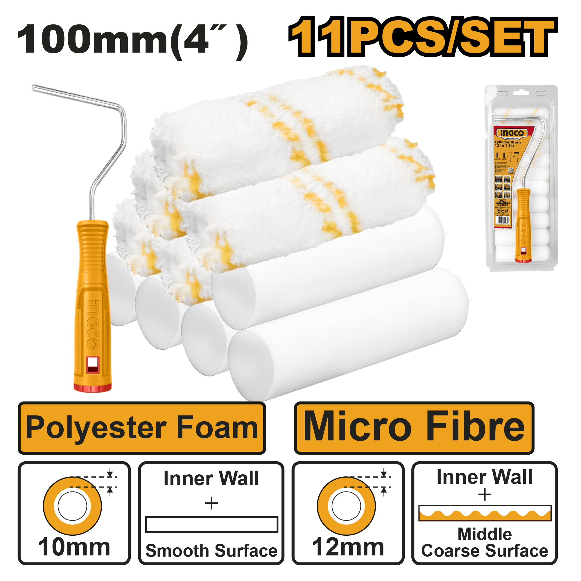 INGCO Micro Fibre, Polyester Foam 100MM (4") Cylinder Brush 11 in 1 Set (Inner wall) - HKTCB121001 Main image