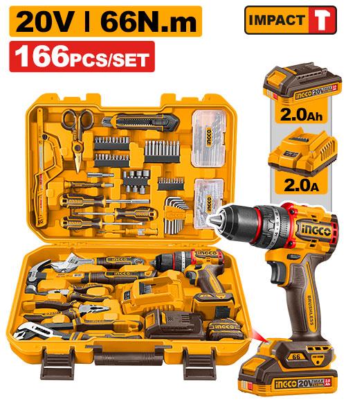 INGCO 166-Piece Cordless Tool Set 20V Impact Drill 2.0mAh Battery 66NM Torque - HKTHP41662