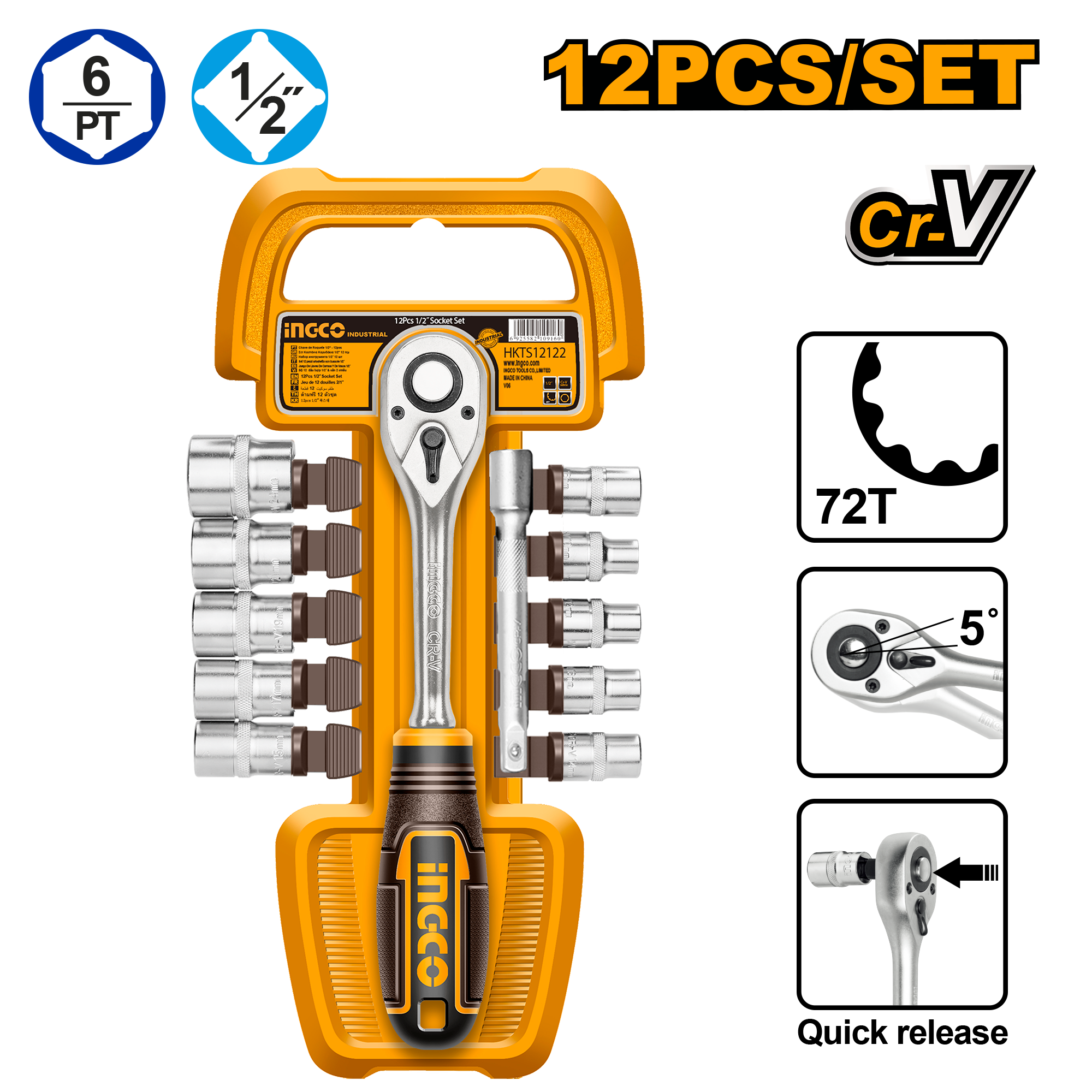 INGCO 12 PCs 1/2" Socket Set - HKTS12122