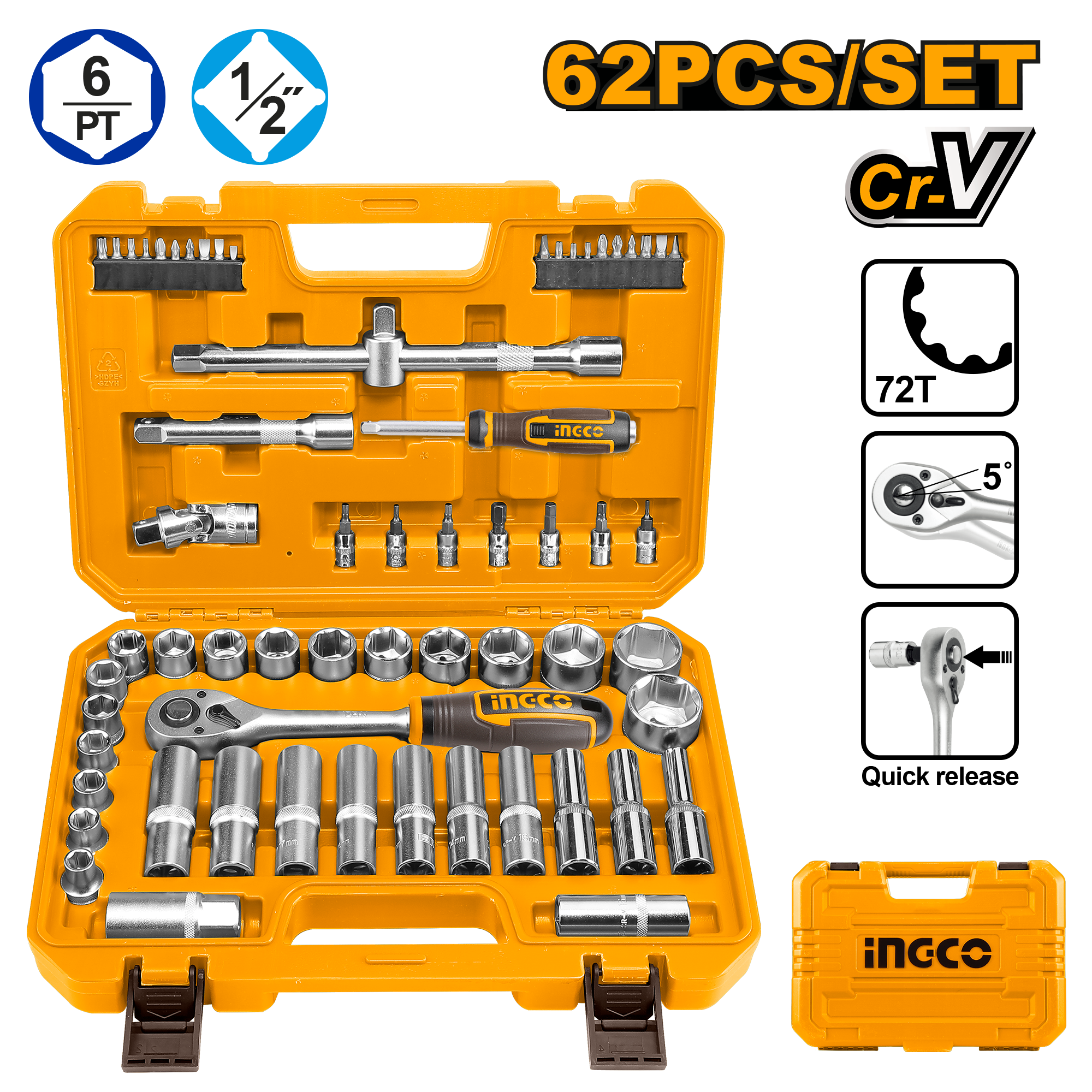 INGCO 62 PCs 1/2" Socket Set - HKTS12602