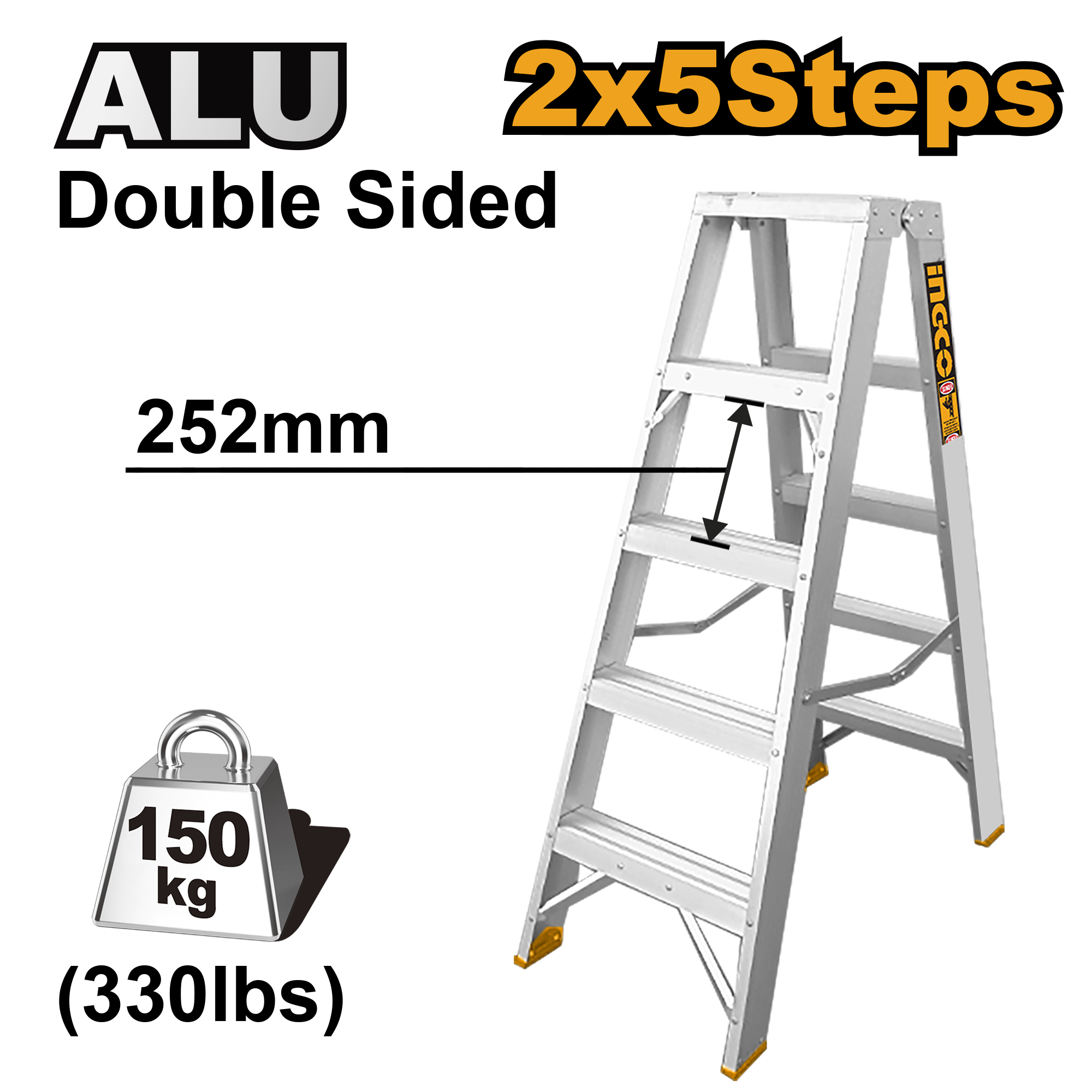 INGCO 252MM Spaced, 330LBS, 2x5 Steps Double Side Ladder - HLAD01051 Main image