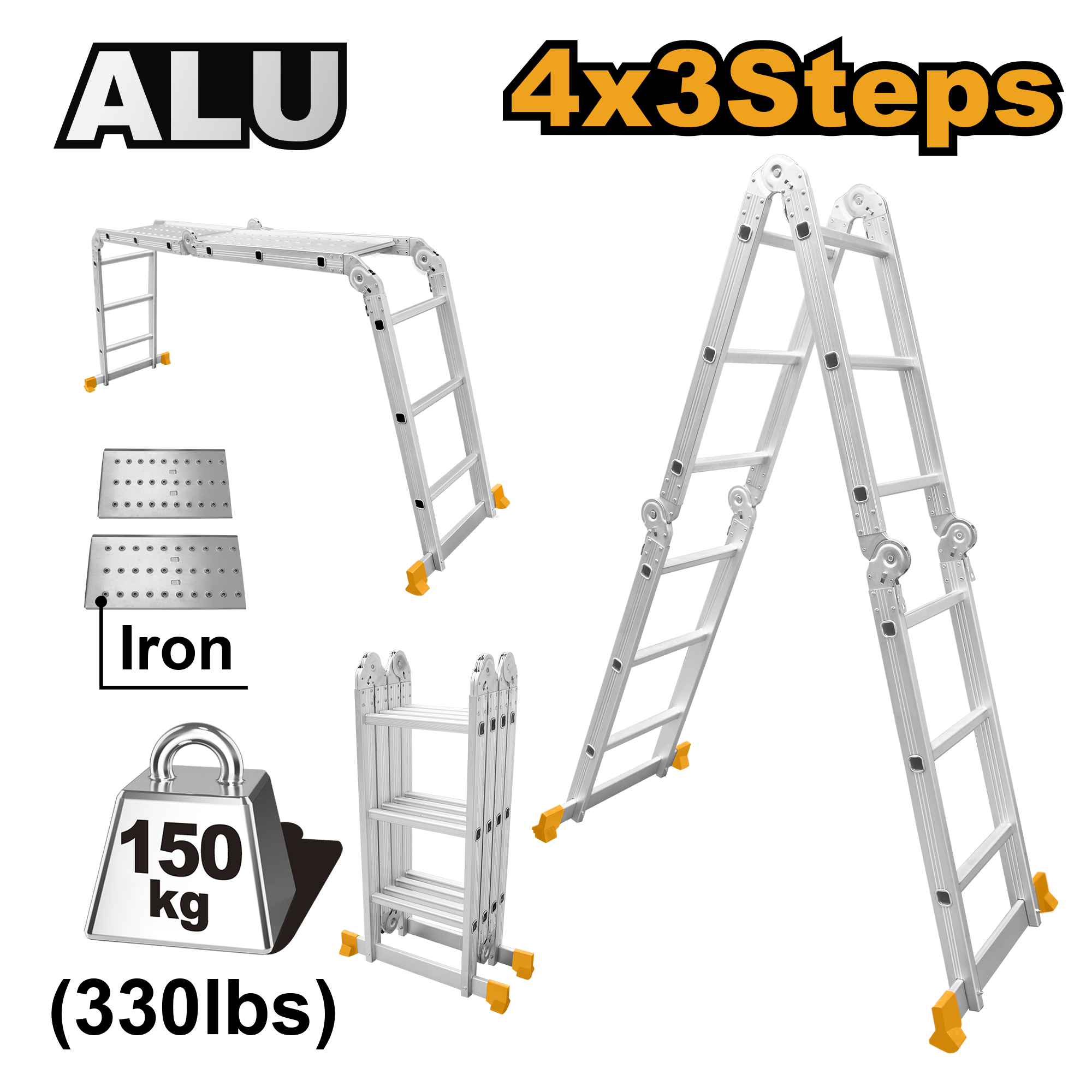 INGCO 330LBS, 4x3 Steeps Multi-Purpose Aluminum Ladder - HLAD04431
