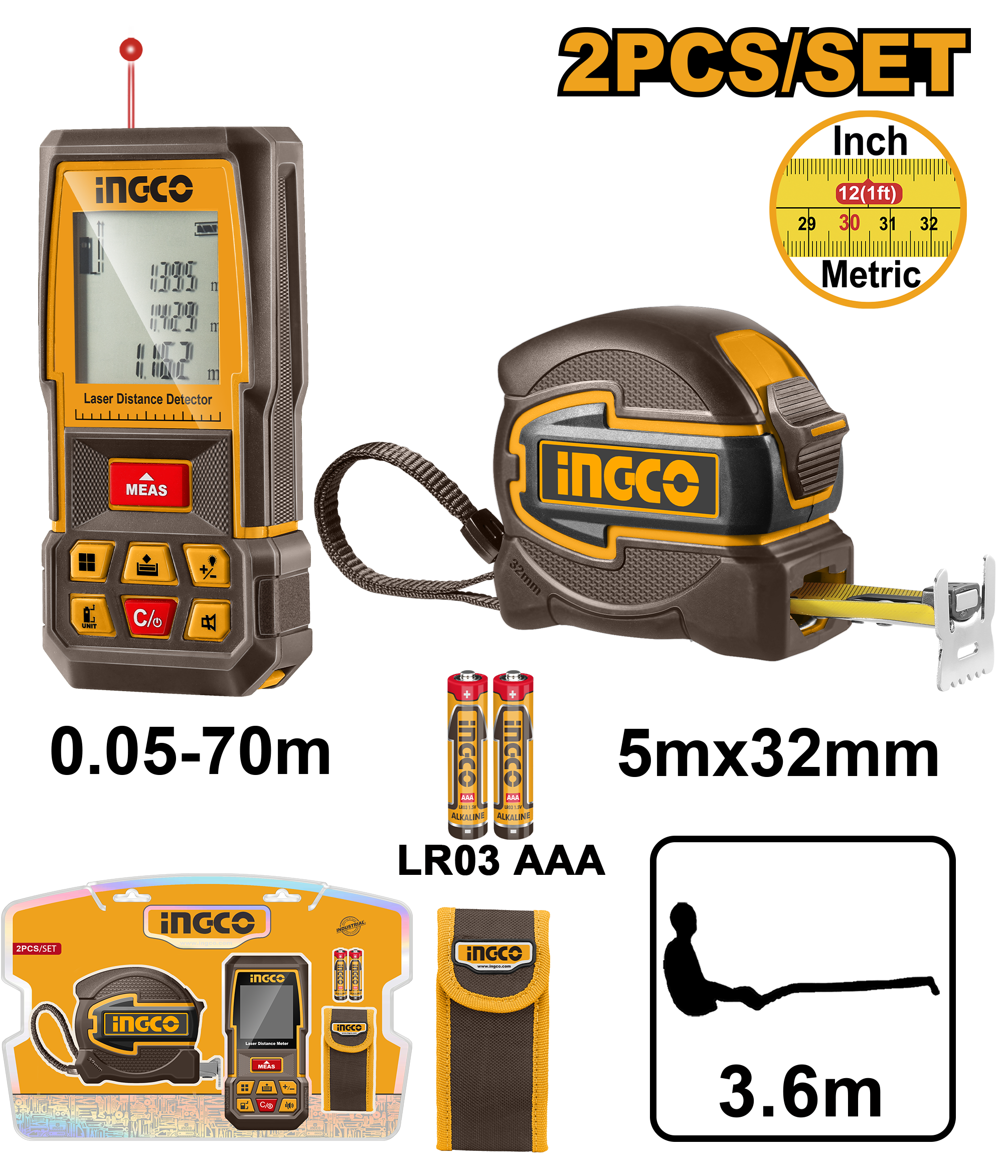 INGCO 2 PCs Set Laser Distance Detector Combo Kit - HLDD241201 Main image