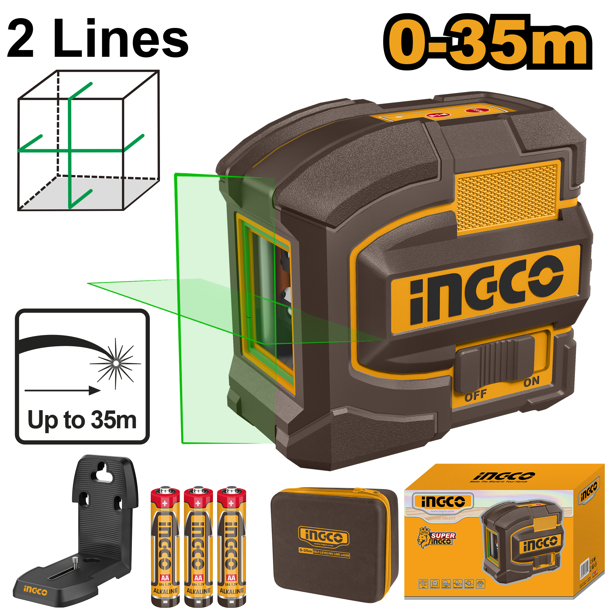 INGCO 2 Lines, 0-35M Self-Leveling Line Laser - HLL156601