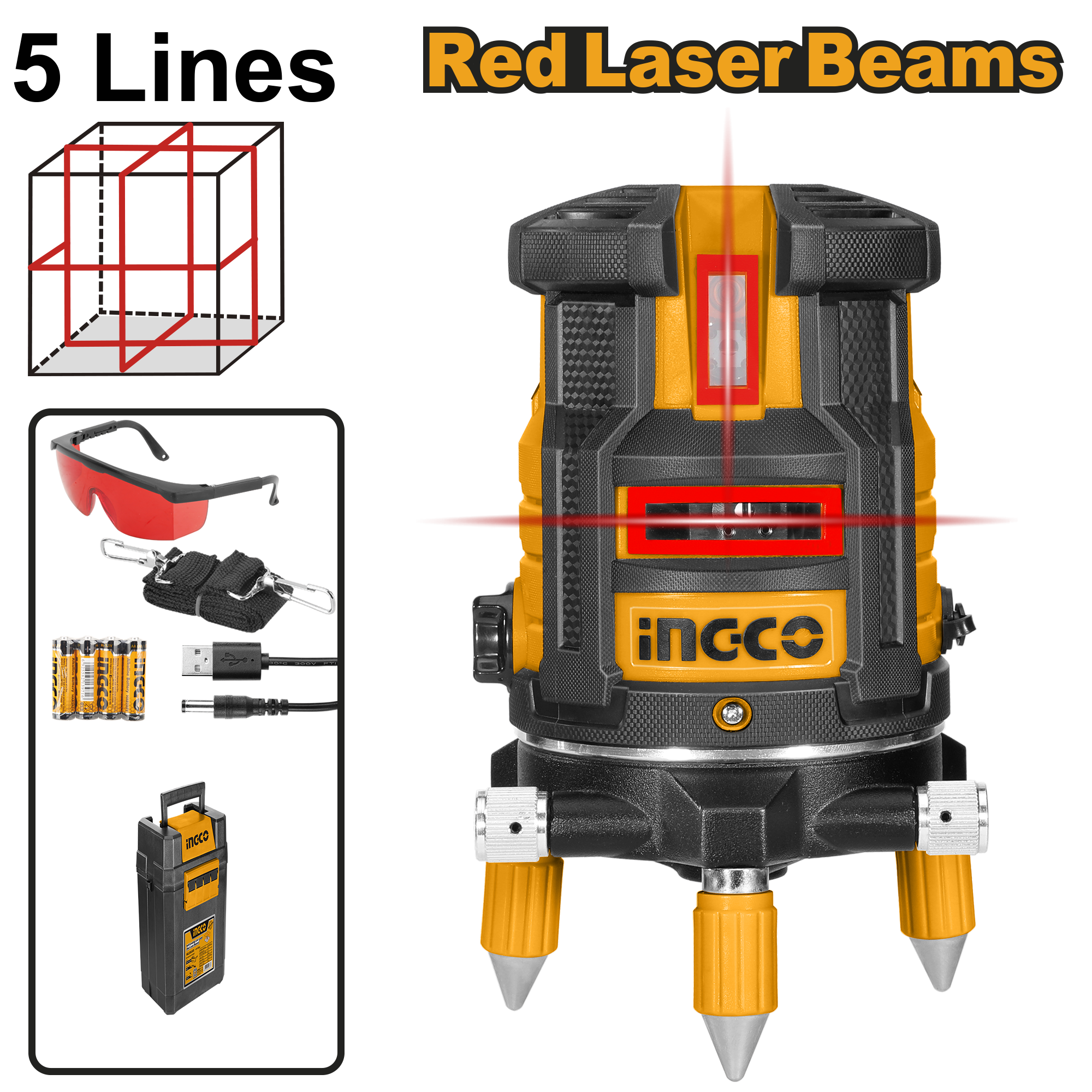 INGCO 5 Lines Self-Leveling Line Laser (Red Laser Beams) - HLL306505