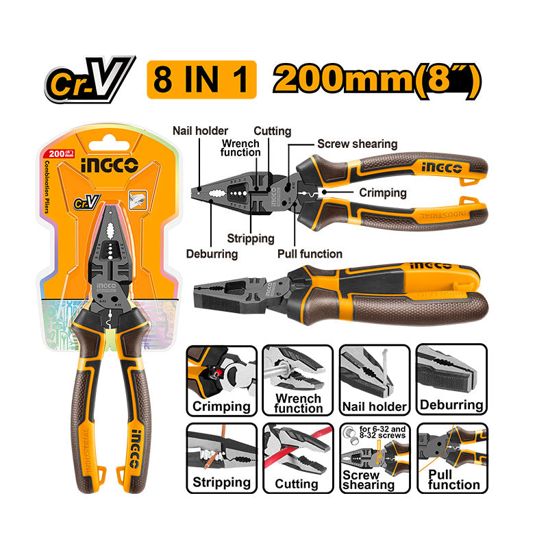 INGCO 200MM (8") 8-in-1 Multi-Function Combination Pliers - HMFCP28200