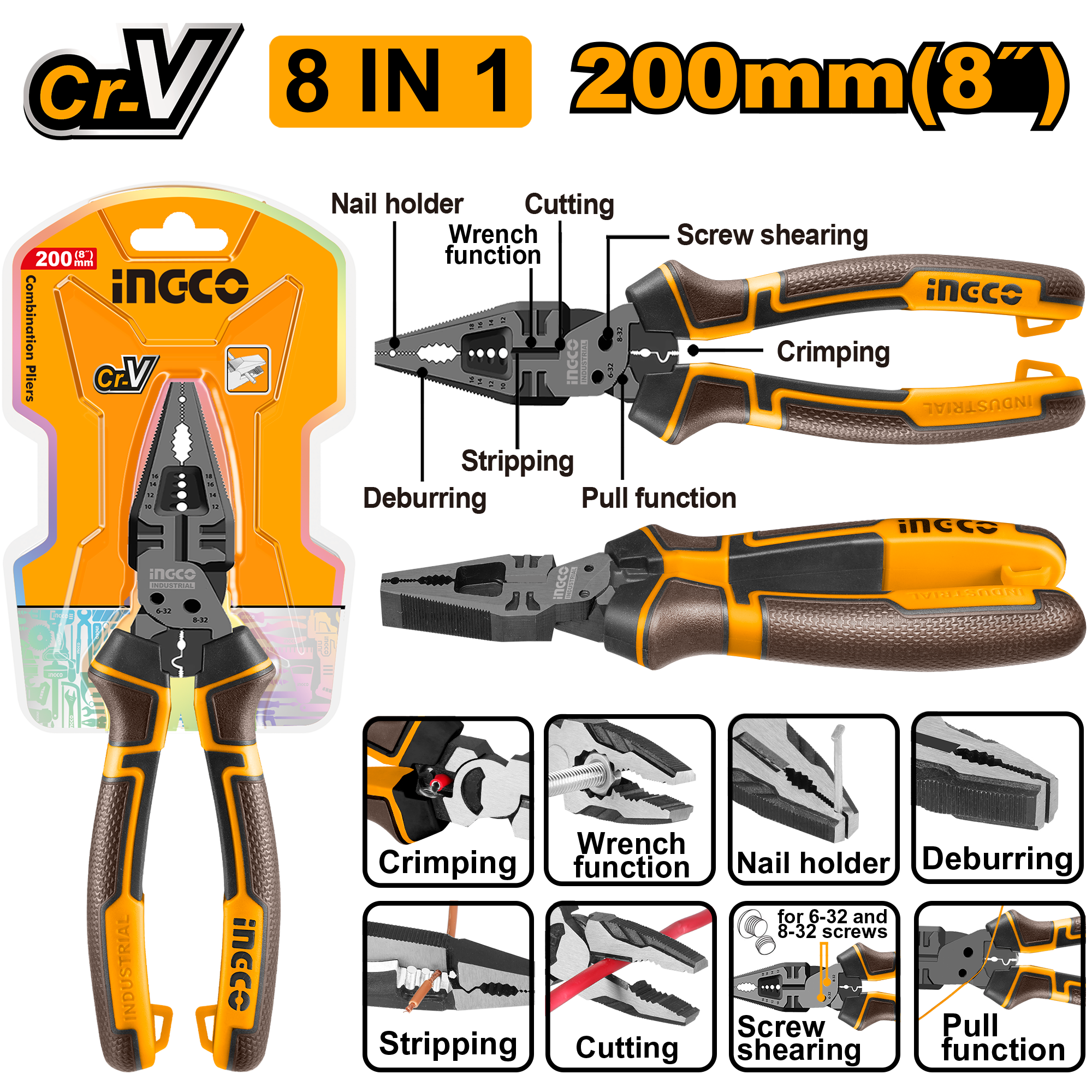 INGCO 200MM (8") 8-in-1 Multi-Function Combination Pliers - HMFCP28200 Main image