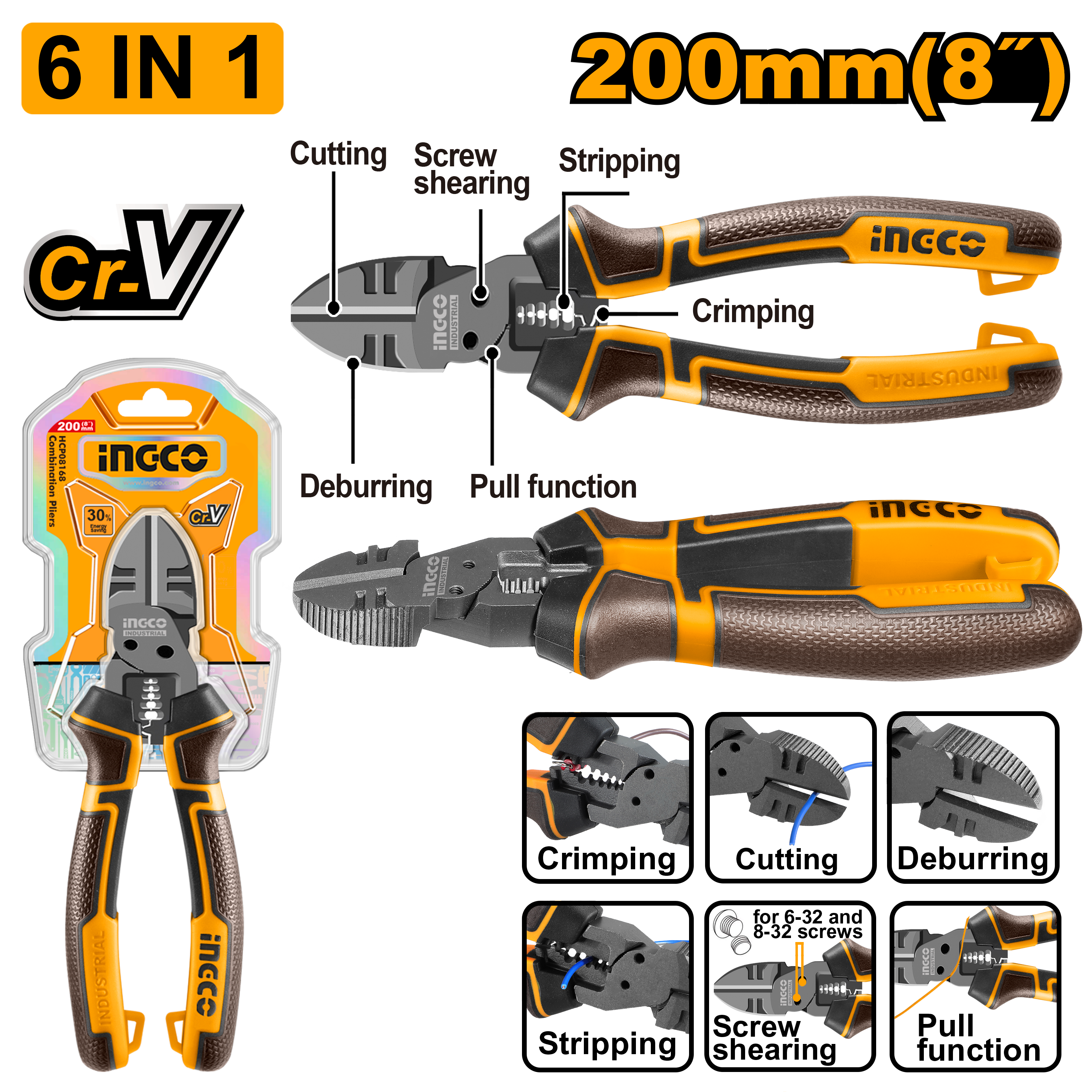 INGCO 200MM (8") 6-in-1 Multi-Function Diagonal Cutting Pliers - HMFDCP28200