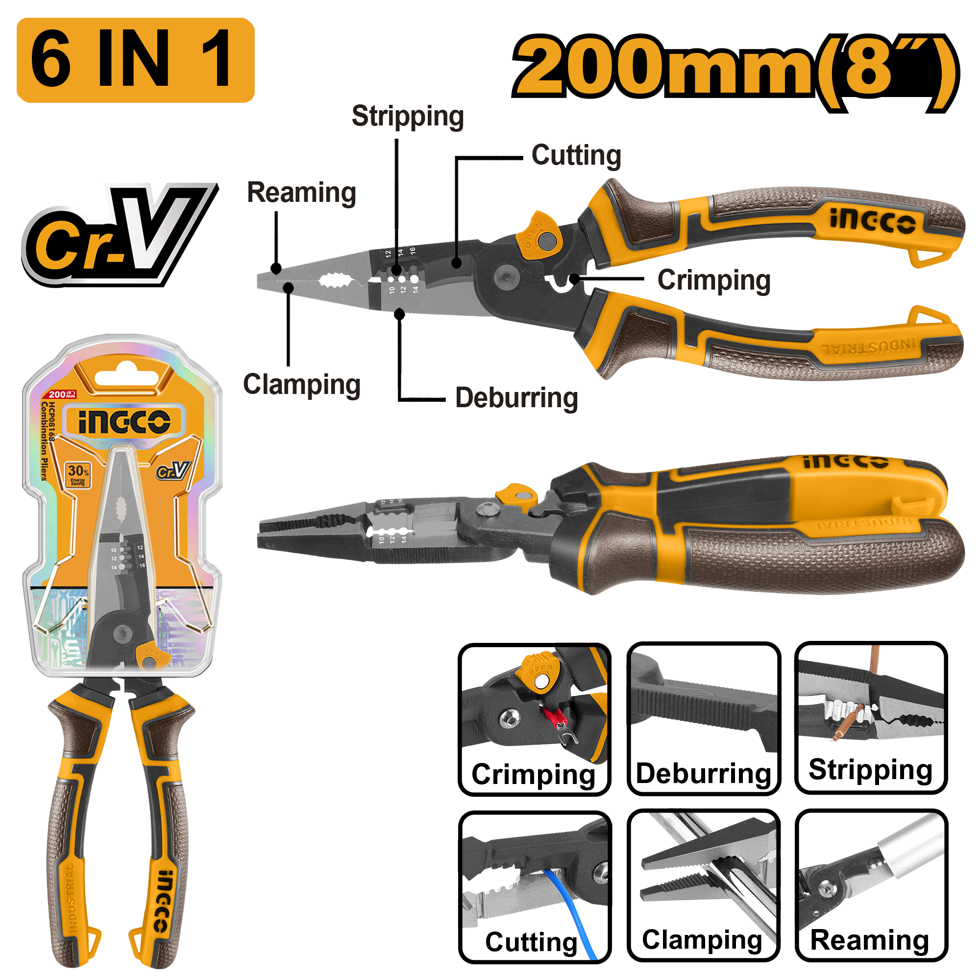 INGCO 200MM (8") 6-in-1 Multi-Function Long Nose Pliers - HMFLNP28200