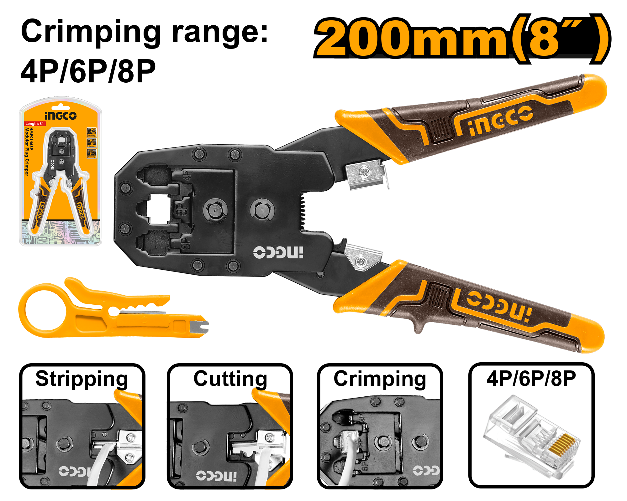 INGCO 200MM (8") Modular Plug Crimper - HMPC1468P