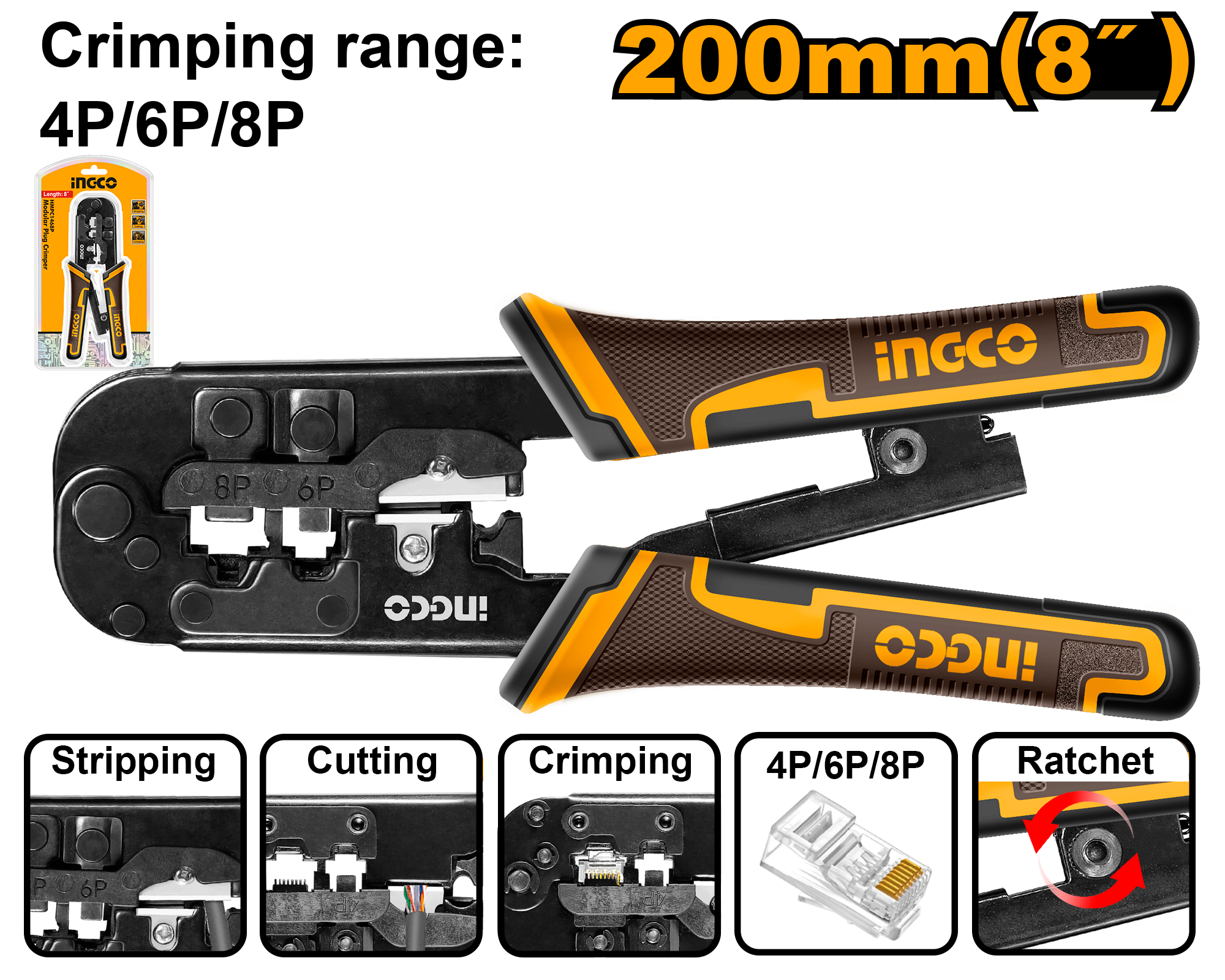 INGCO 200MM (8") Modular plug crimper HMPCN2468R