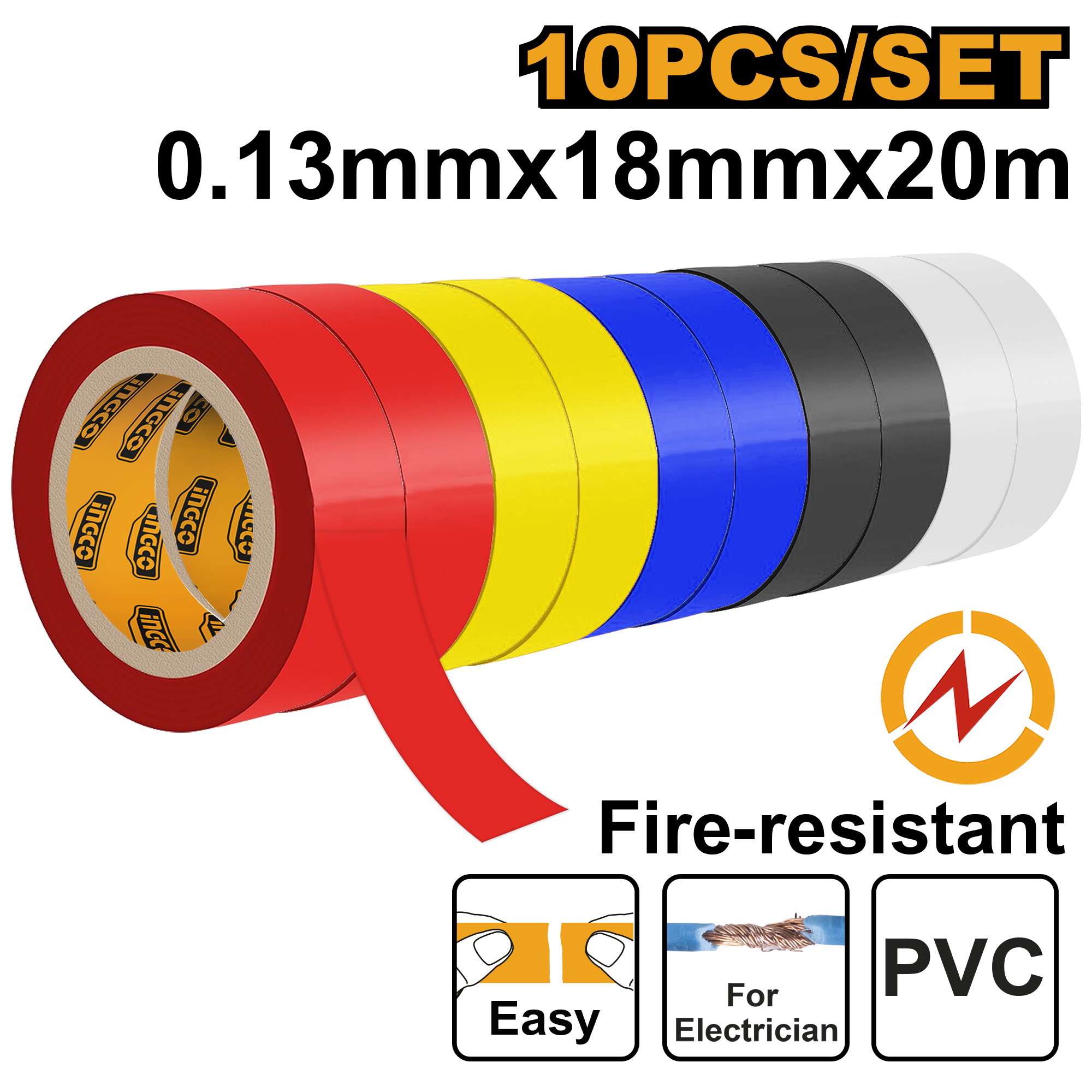 INGCO 0.13MMx18Mx20MM 10 PCs Set PVC Insulating Tape - HPET1013 Main image