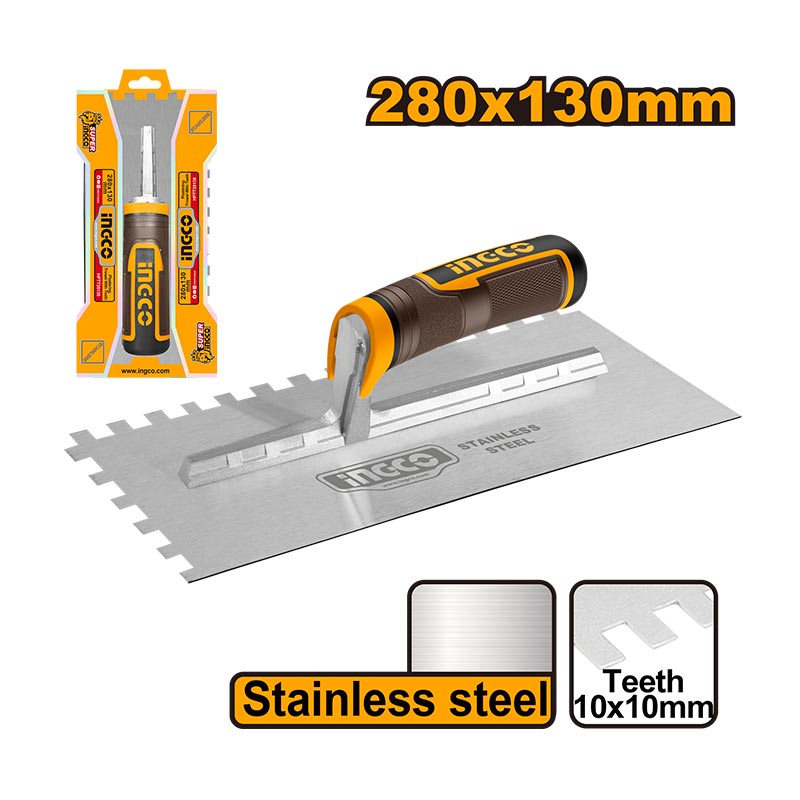 INGCO 280x130MM Plastering Trowel with 10x10MM Teeth- Stainless Steel - HPTT28138