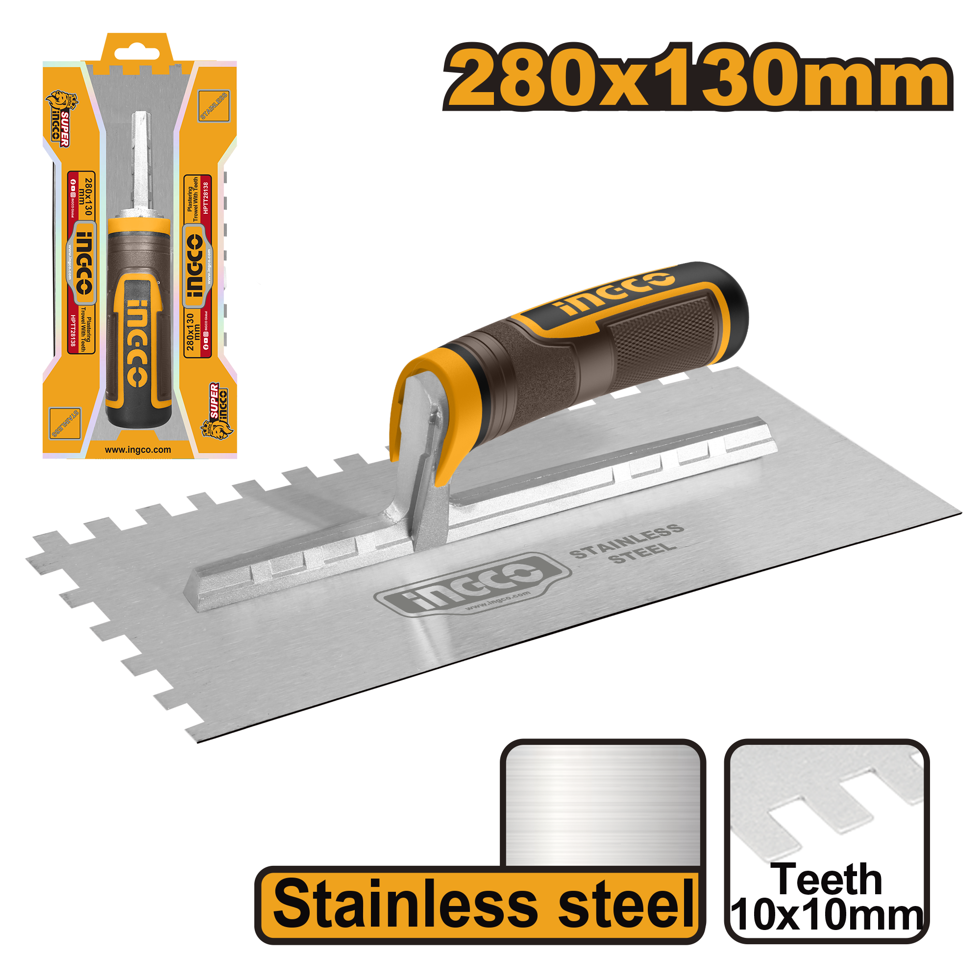 INGCO 280x130MM Plastering Trowel with 10x10MM Teeth- Stainless Steel - HPTT28138 Main image