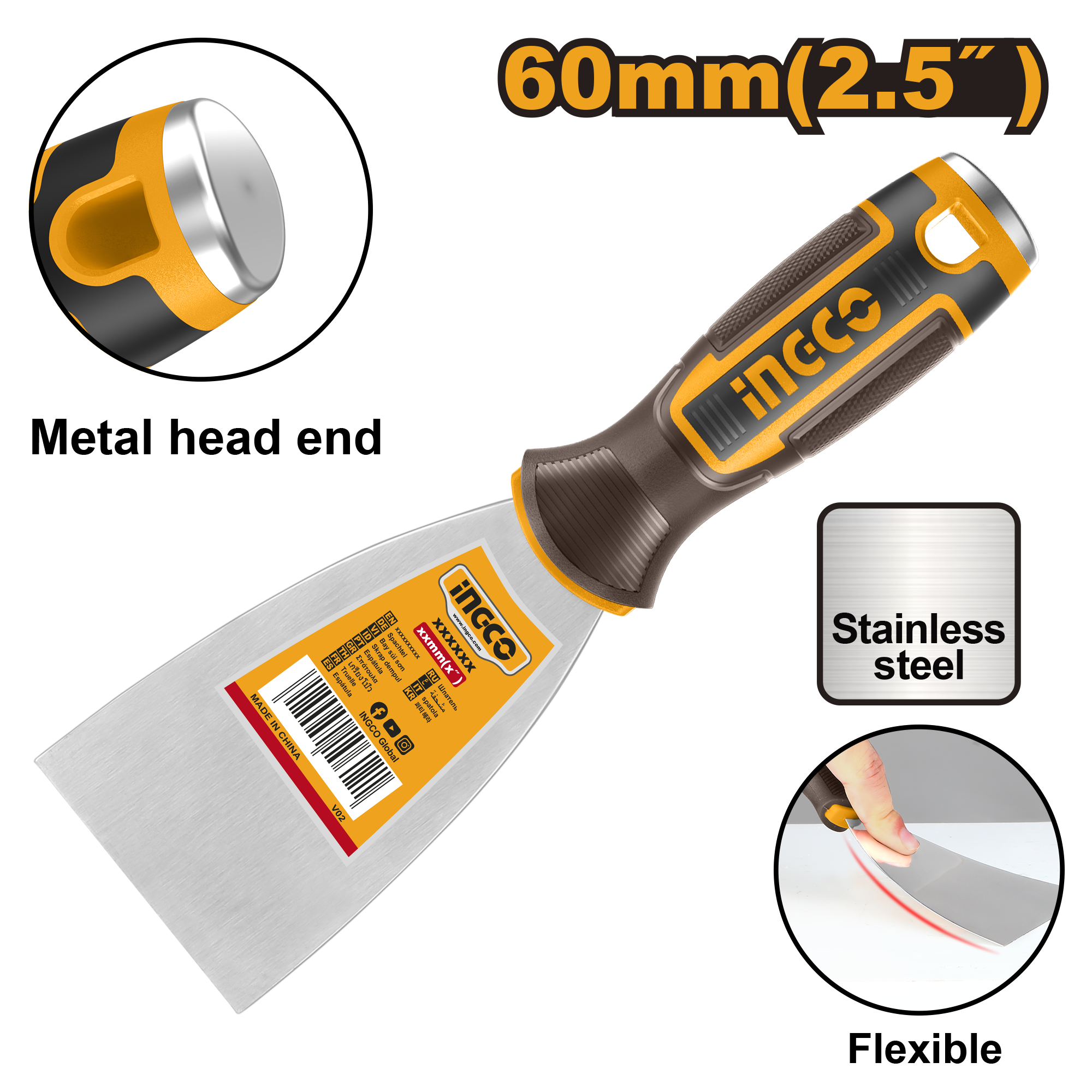 INGCO Metal Head End, Flexible 60MM (2.5") Putty Trowel - HPUT08060