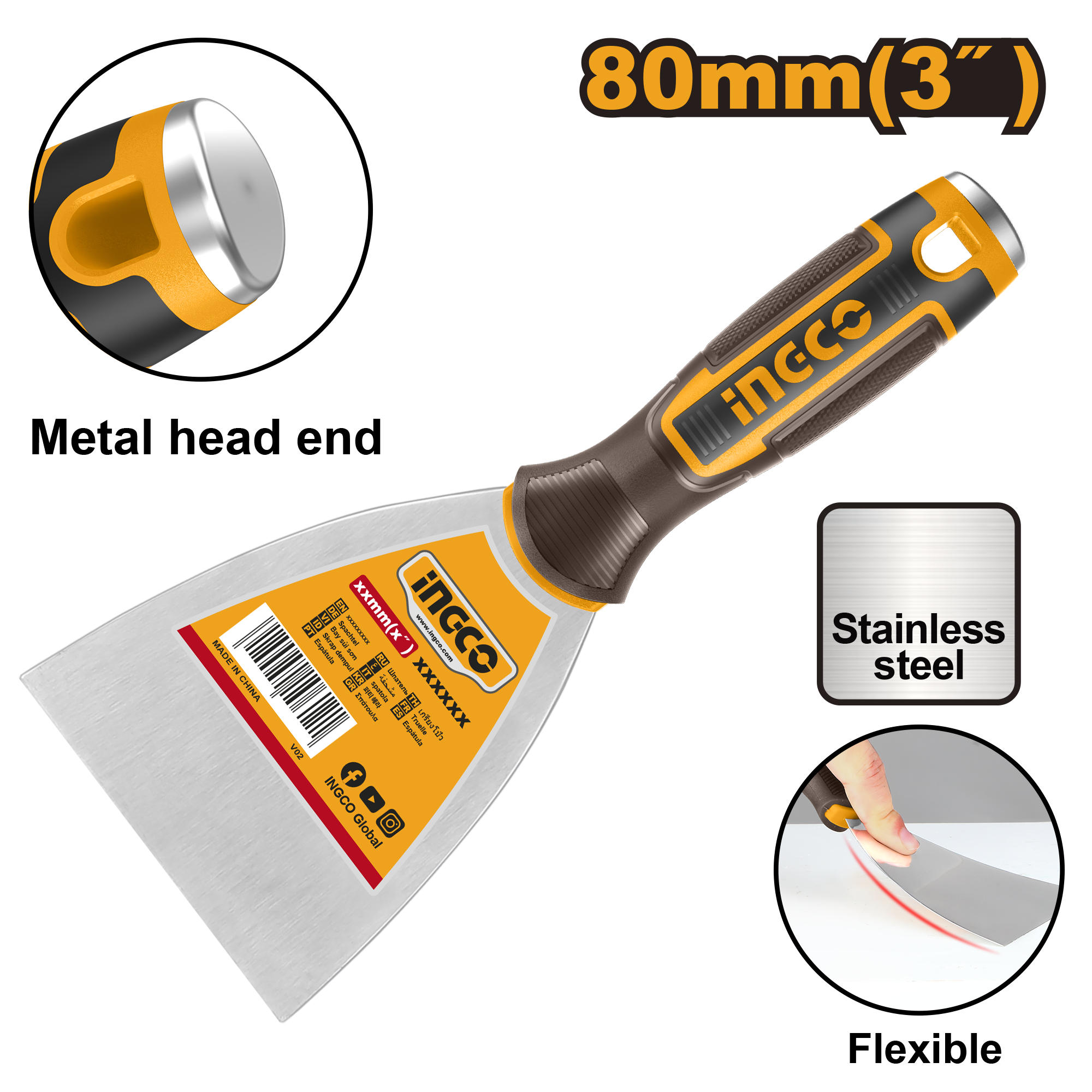 INGCO Metal Head End, Flexible 80MM (3") Putty Trowel - HPUT08080 Main image