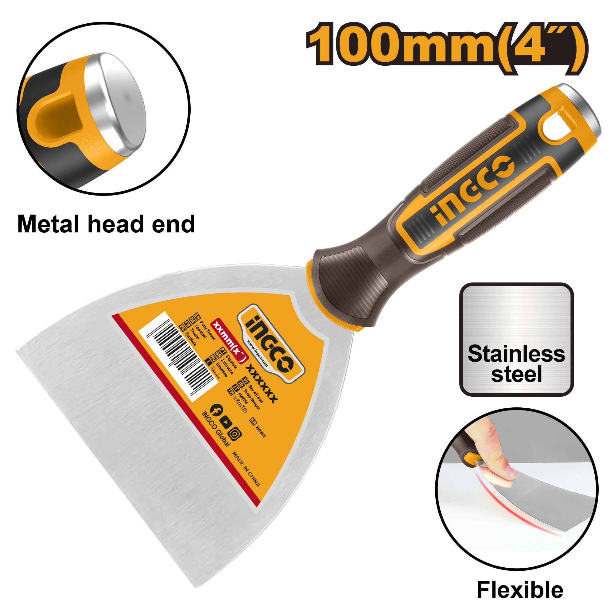 INGCO Metal Head End, Flexible 100MM (4") Putty Trowel - HPUT08100 Main image