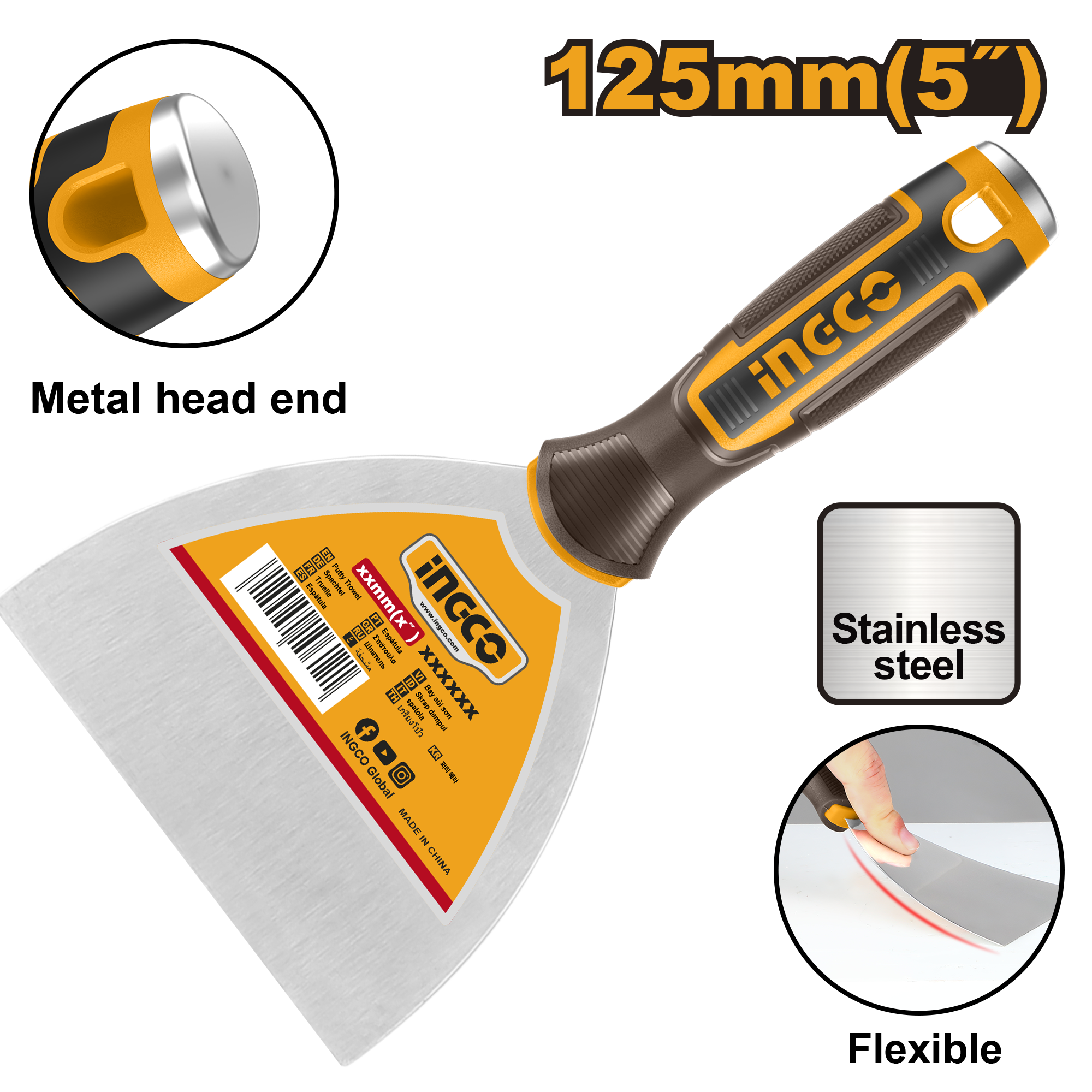 INGCO Metal Head End, Flexible 125MM (5") Putty Trowel - HPUT08125