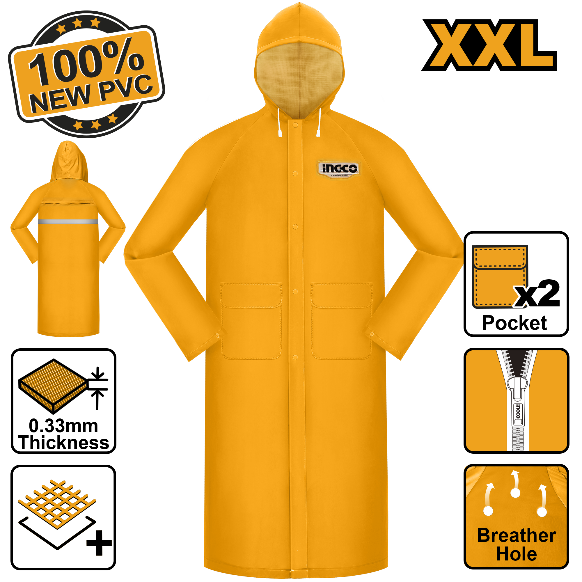 INGCO 100% New PVC Raincoat - HRCTL031.L, XXL