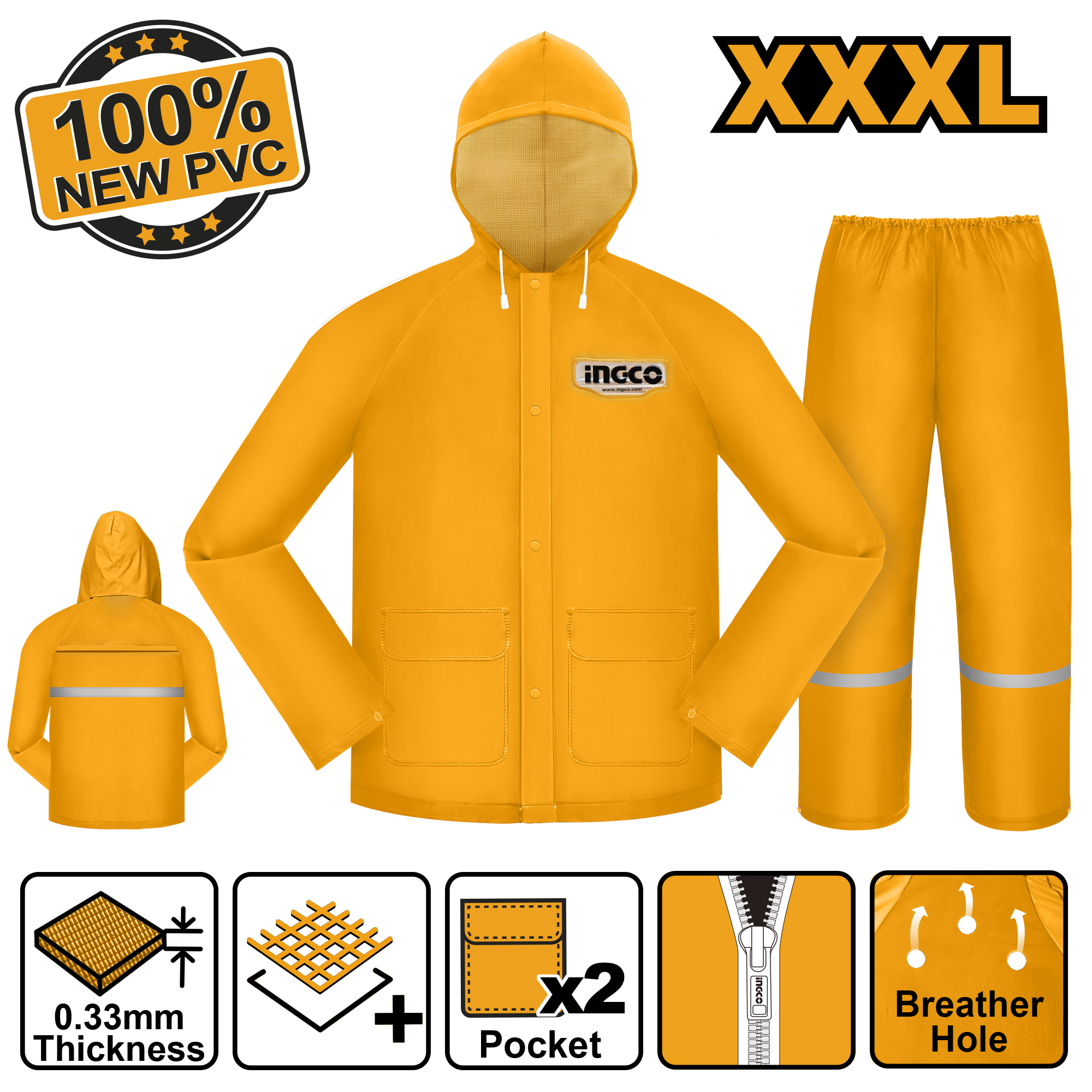 INGCO 100% New PVC Rain Suit - HRCTSKT031.M, L, XL, XXL, XXXL