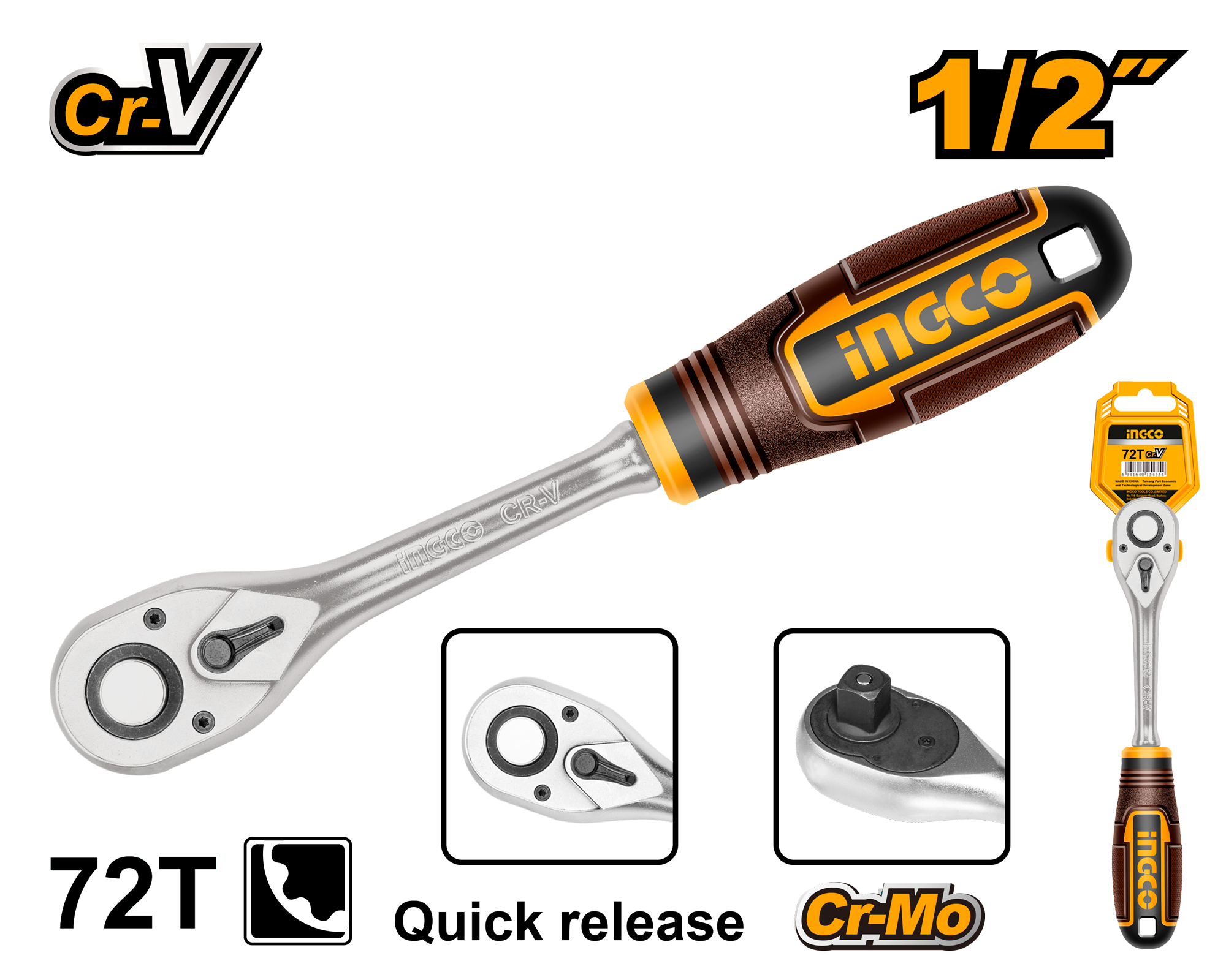 INGCO 72T 1/2" Ratchet Wrench - HRTH0812