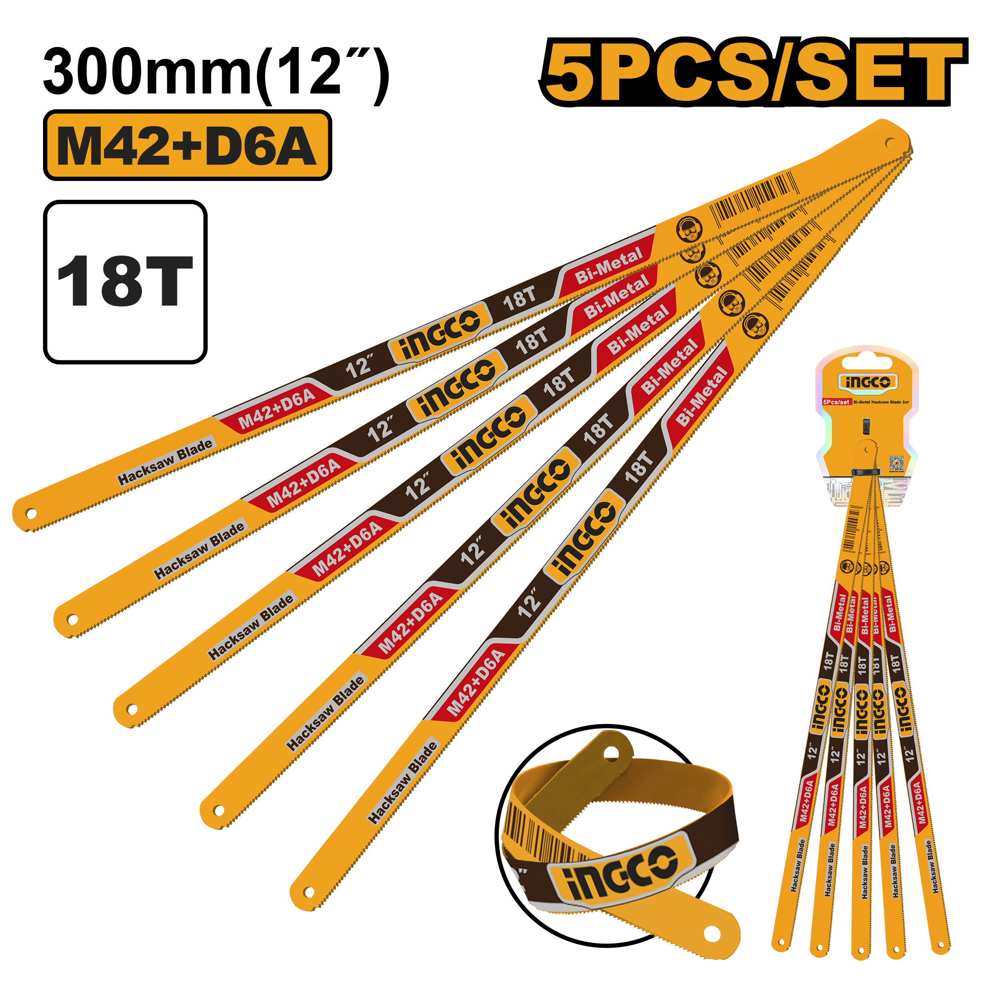 INGCO 5 PCs Bi-Metal Hacksaw Blade Set - HSBKT12185 Main image