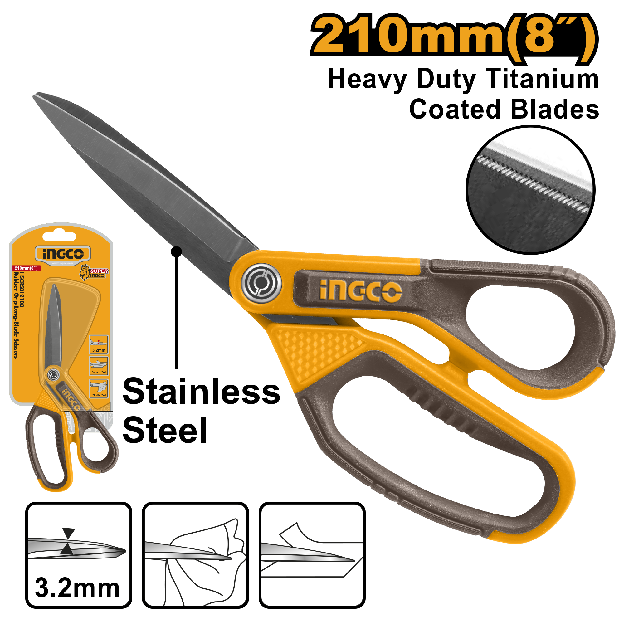 INGCO 210MM (8") Rubber Grip Long-Blade Scissors - HSCRS812108 Main image