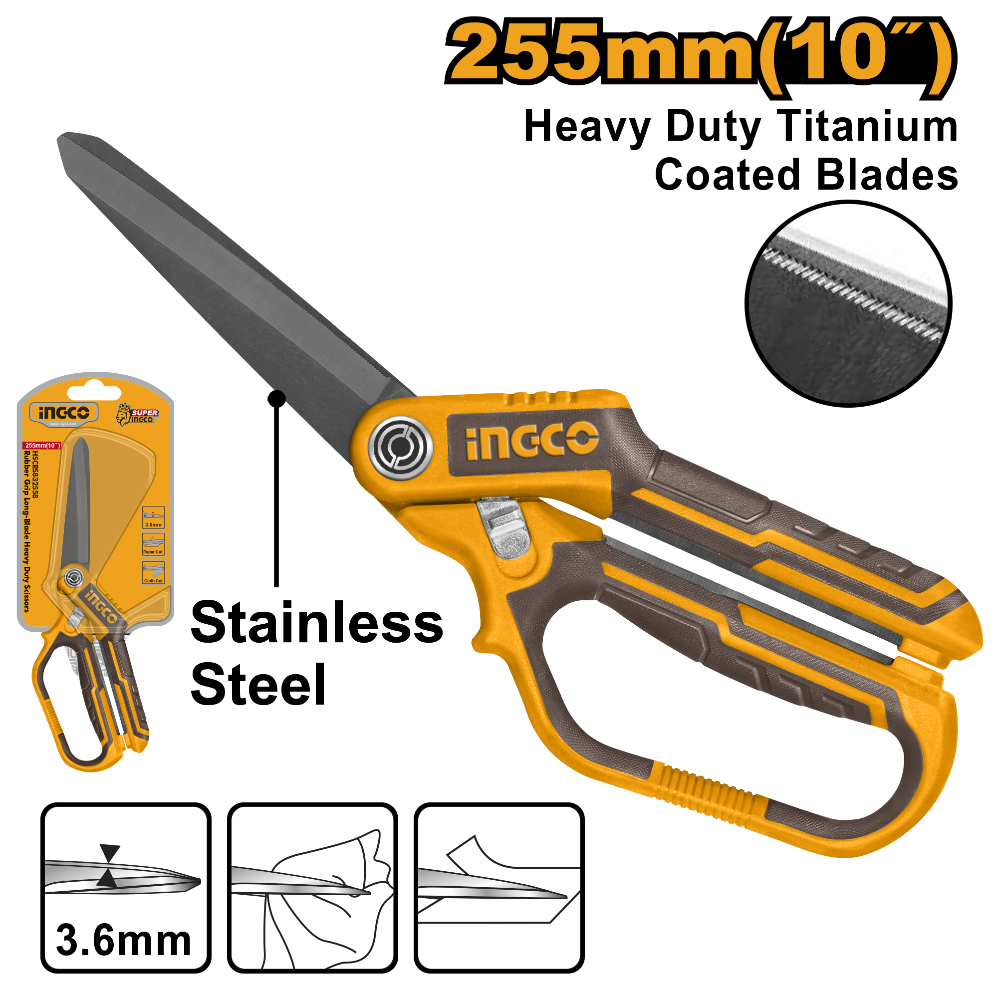 INGCO 255MM (10") Rubber Grip Long-Blade Heavy Duty Scissors - HSCRS832558